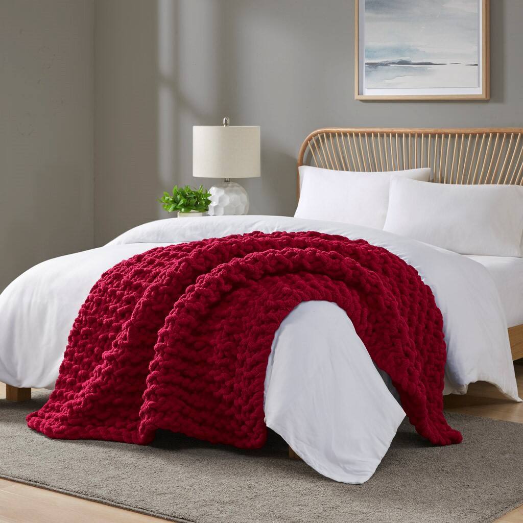 Alt View 2. Gracie Mills - Gracie Mills Dana Handmade Chenille Chunky Knit Throw Blanket - Red.