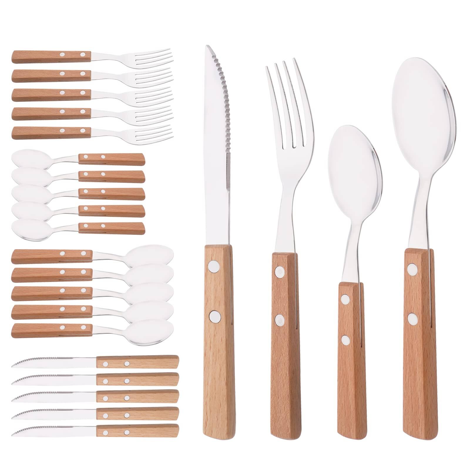 Front. Dazzed Corner - Silver Flatware Set with Natural Wood Handle, 24 PCS Stainless Steel Cutlery Set - NY5VXW6.