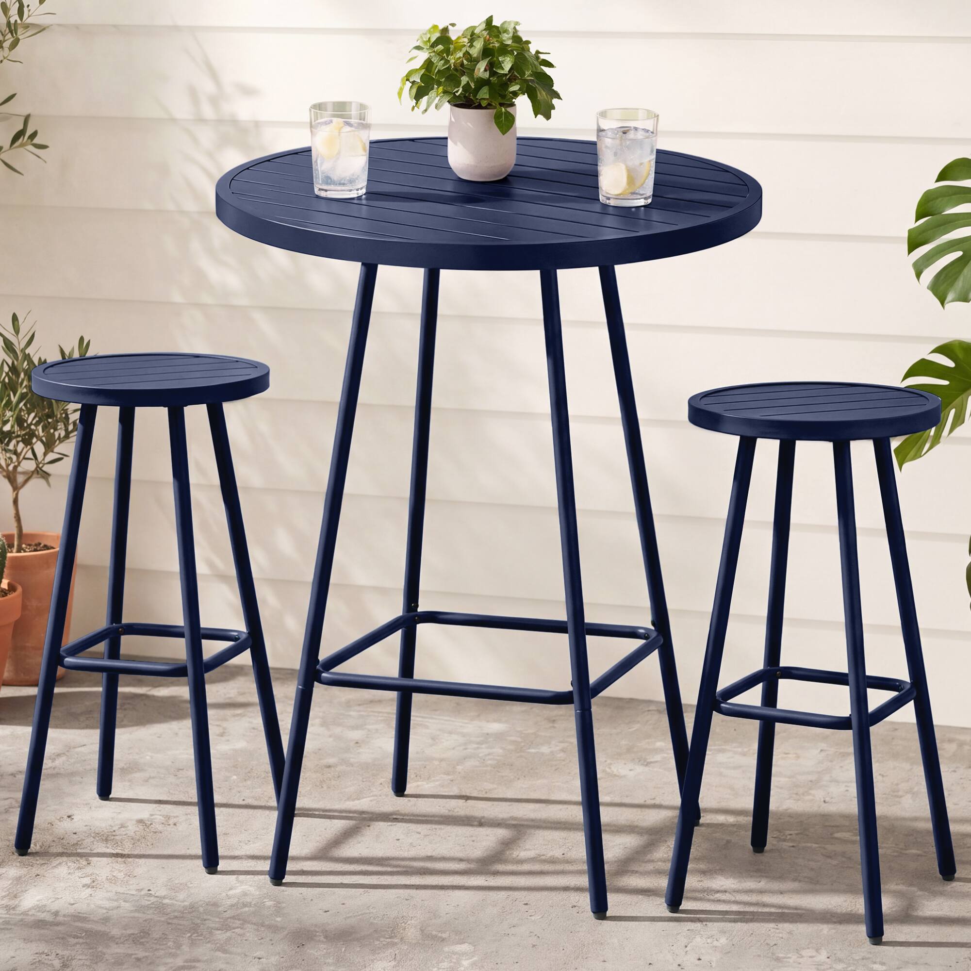 Best Choice Products - 3-Piece Steel Patio Bar Height Round Bistro Set w/ Backless Stools, Slatted Design - Navy