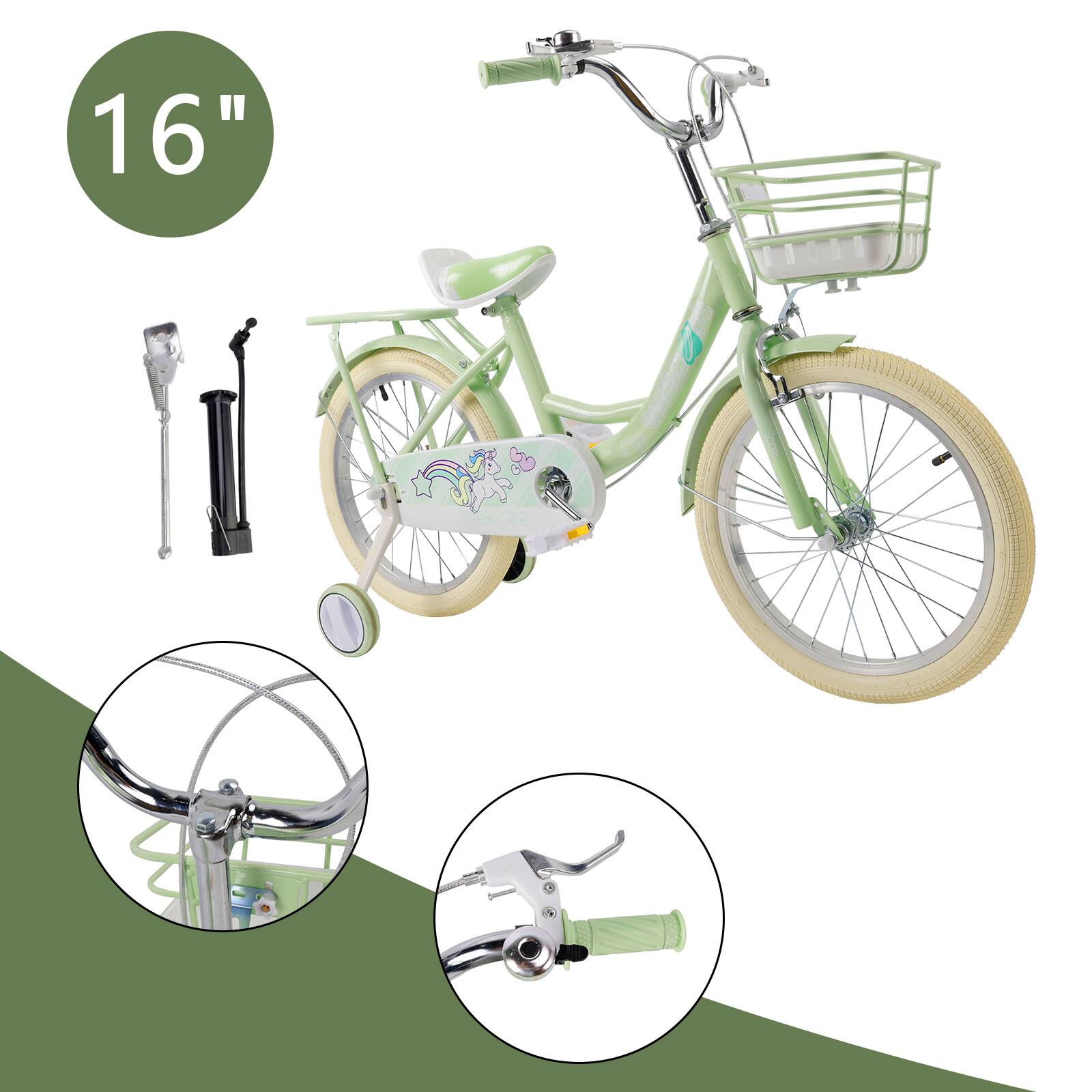 Alt View 4. Topteng - 16" Girls Bike with Training Wheels, Basket & Rack - Adjustable Seat, Dual Brakes, High-Carbon Steel Frame, Green - Green.