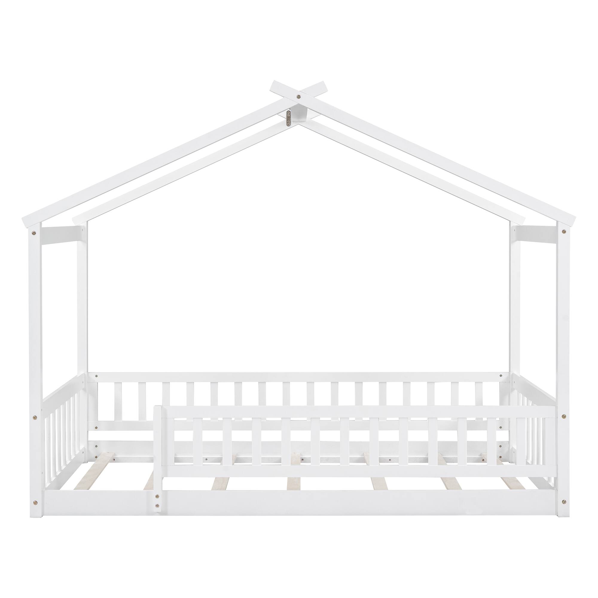 Back. Whisen - Twin Size Wood House Bed Frame with Fence for Kids and Teens - White.