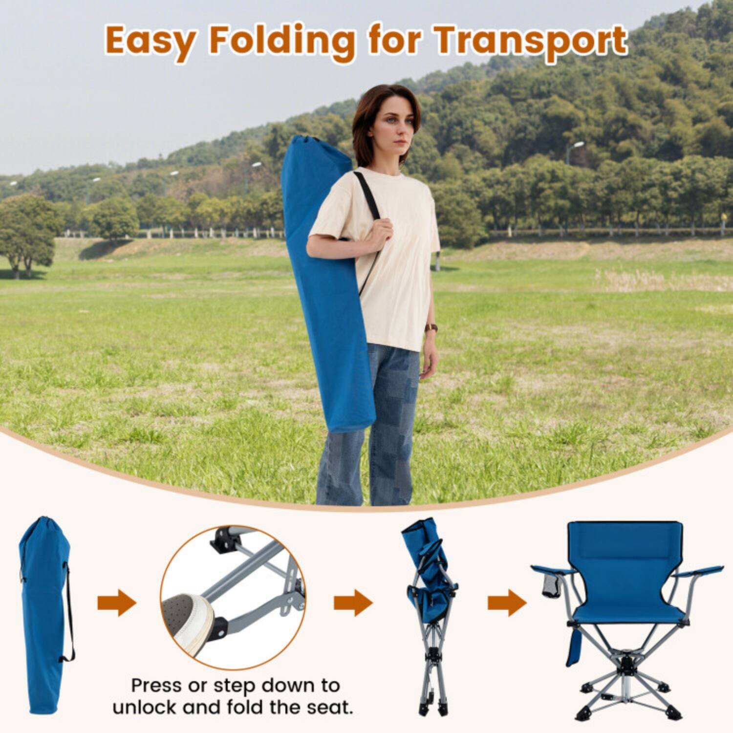 Easy Folding for Transport

Press or step down to unlock and fold the seat.