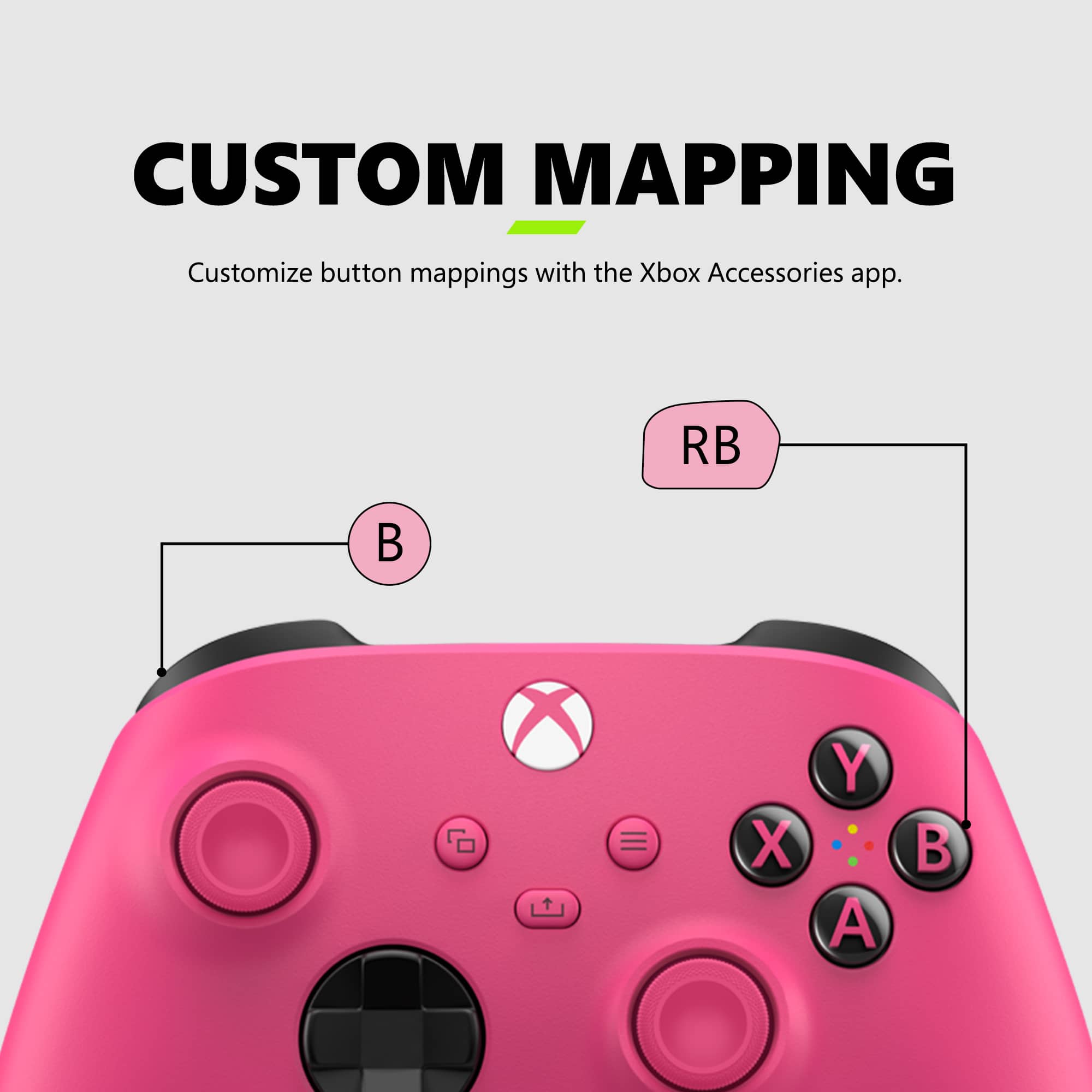 Customize button mappings with the Xbox Accessories app. RB B X Y A B