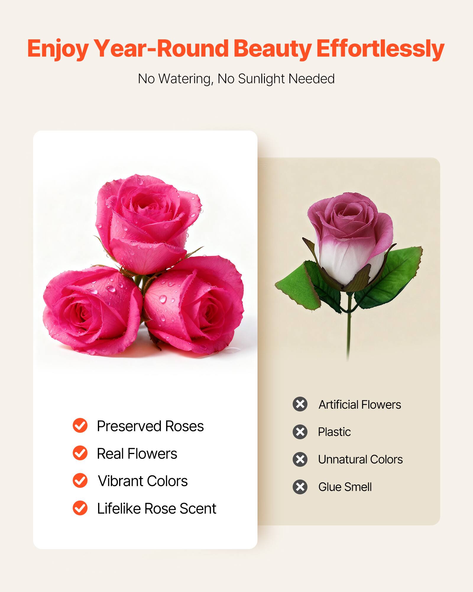 Enjoy Year-Round Beauty Effortlessly  
No Watering, No Sunlight Needed  

Preserved Roses  
Real Flowers  
Vibrant Colors  
Lifelike Rose Scent  

Artificial Flowers  
Plastic  
Unnatural Colors  
Glue Smell