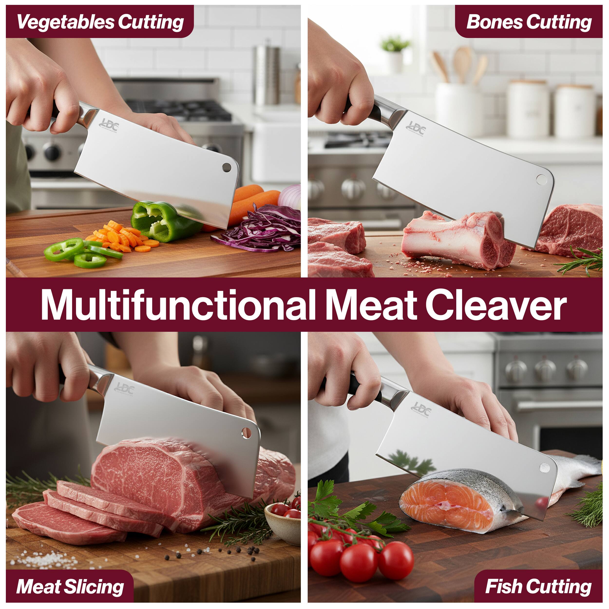 Vegetables Cutting  
Bones Cutting  
Meat Slicing  
Fish Cutting  

Multifunctional Meat Cleaver