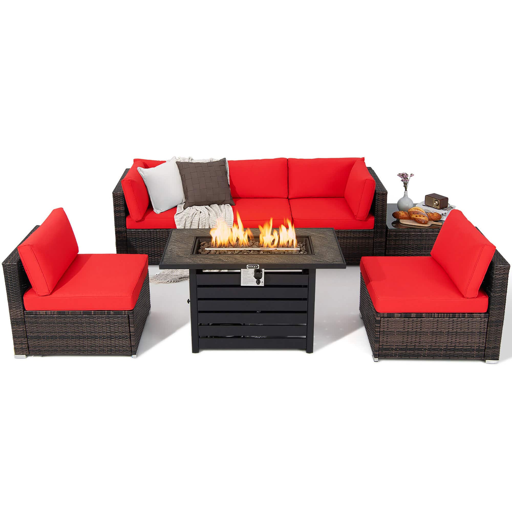 Gymax - 7PCS Patio Rattan Furniture Set 42'' Fire Pit Table w/ Cover Cushioned - Red