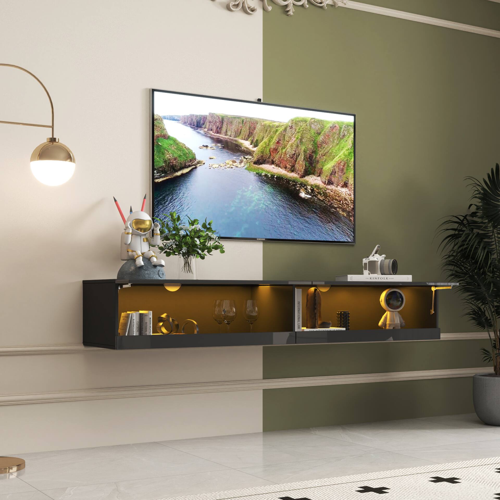 Angle. GOODSILO - Wall Mounted Floating TV Stand with LED Lights and Charging Station - Black.