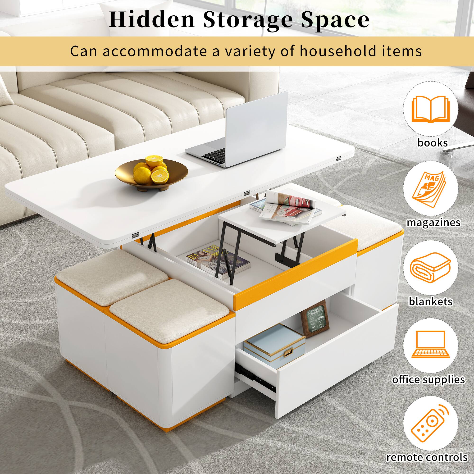 Hidden Storage Space  
Can accommodate a variety of household items  
- books  
- magazines  
- blankets  
- office supplies  
- remote controls
