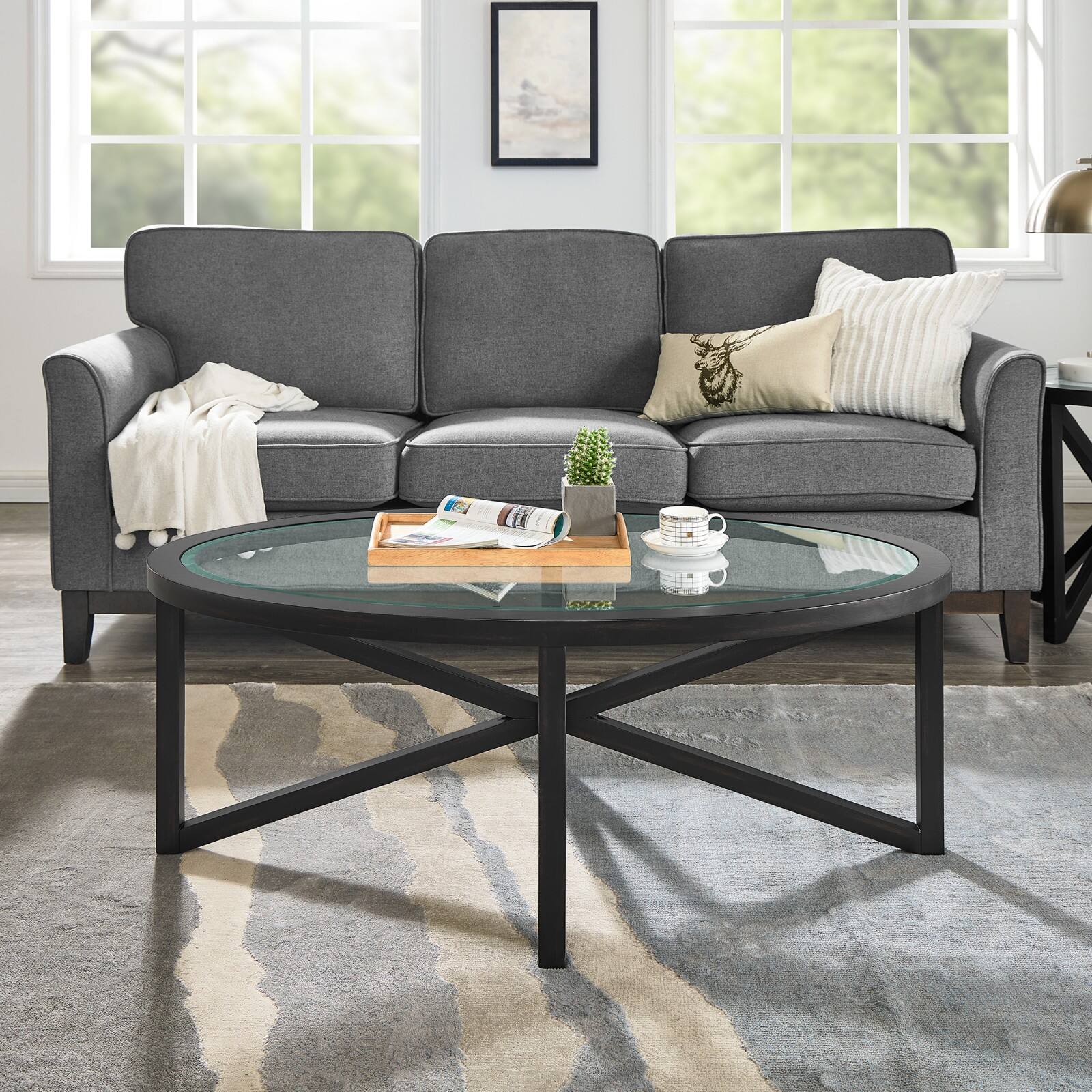 Alt View 1. Ecooso - Modern simple glass coffee table, tempered glass coffee table solid wood base round transparent glass top - Black.