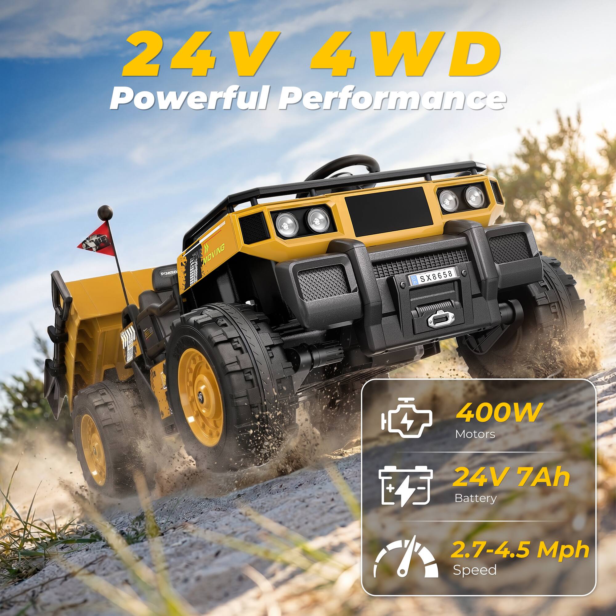 24V 4WD Powerful Performance

MOVING
SX8658
400W Motors
24V 7Ah Battery
2.7-4.5 Mph Speed