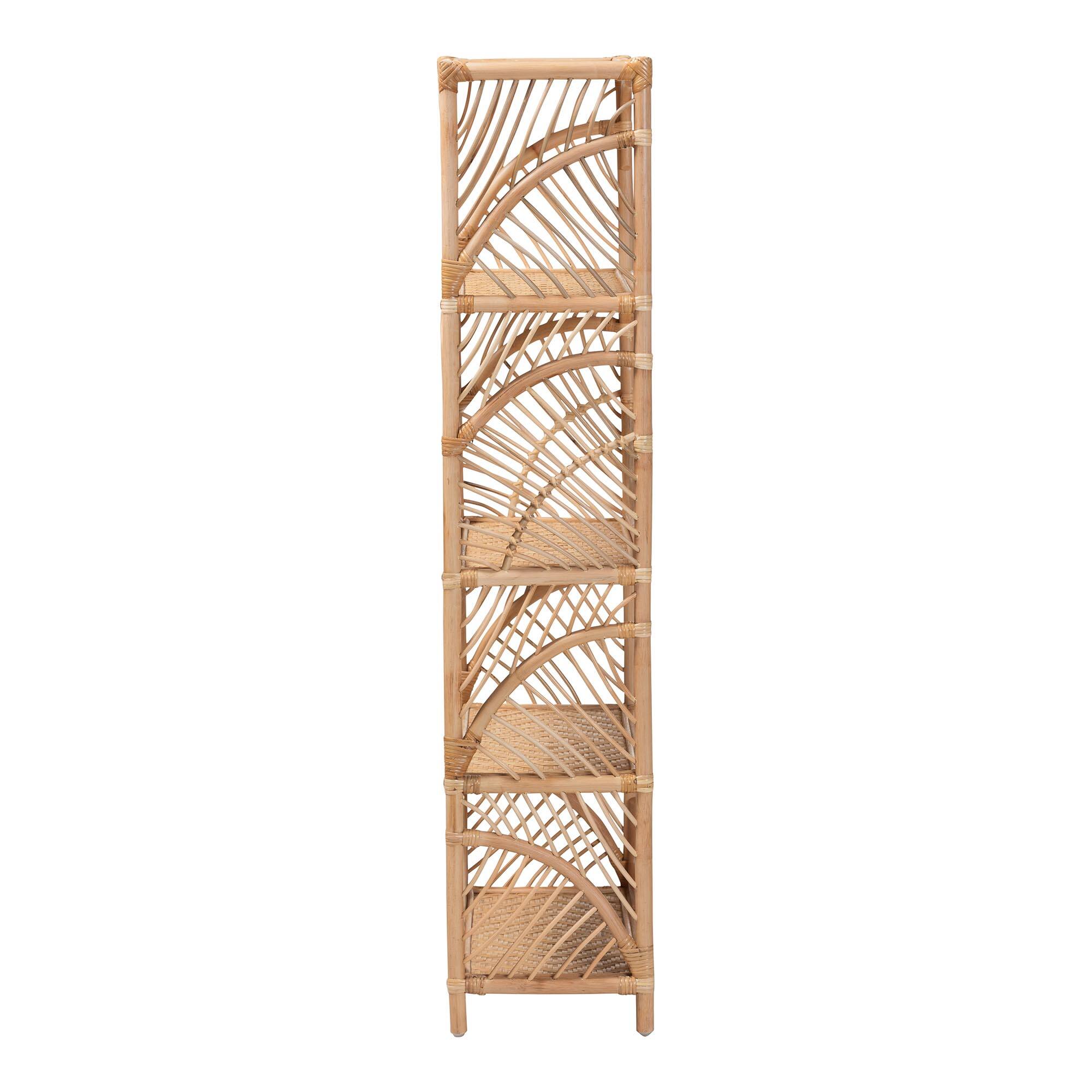 Left. bali & pari - Baara Natural Rattan 4-Tier Display Shelf - Handcrafted Bookcase with Openwork Side Panels, Boho Coastal Design - Natural.