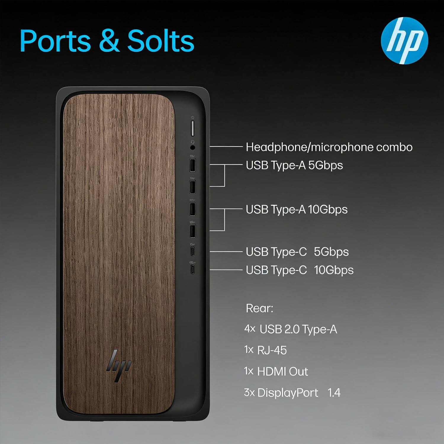 Ports & Slots

- Headphone/microphone combo
- USB Type-A 5Gbps
- USB Type-A 10Gbps
- USB Type-C 5Gbps
- USB Type-C 10Gbps

Rear:
- 4x USB 2.0 Type-A
- 1x RJ-45
- 1x HDMI Out
- 3x DisplayPort 1.4