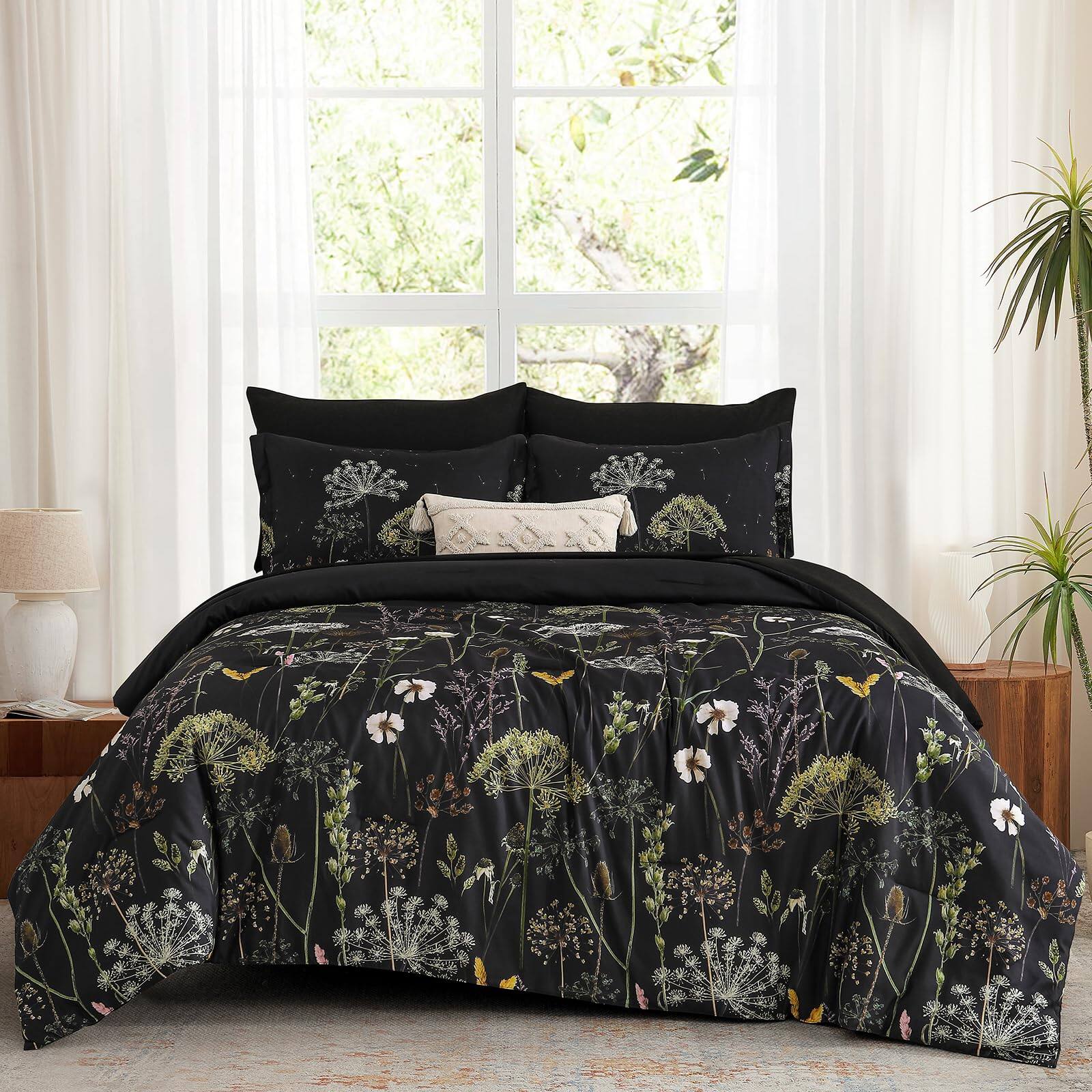 Alt View 5. Comfort Essence - 7 Piece Floral Comforter Set Dandelion Plant Botanical Bedding Bed In A Bag Soft Microfiber Complete With - Navy Blue-King (104"x90").