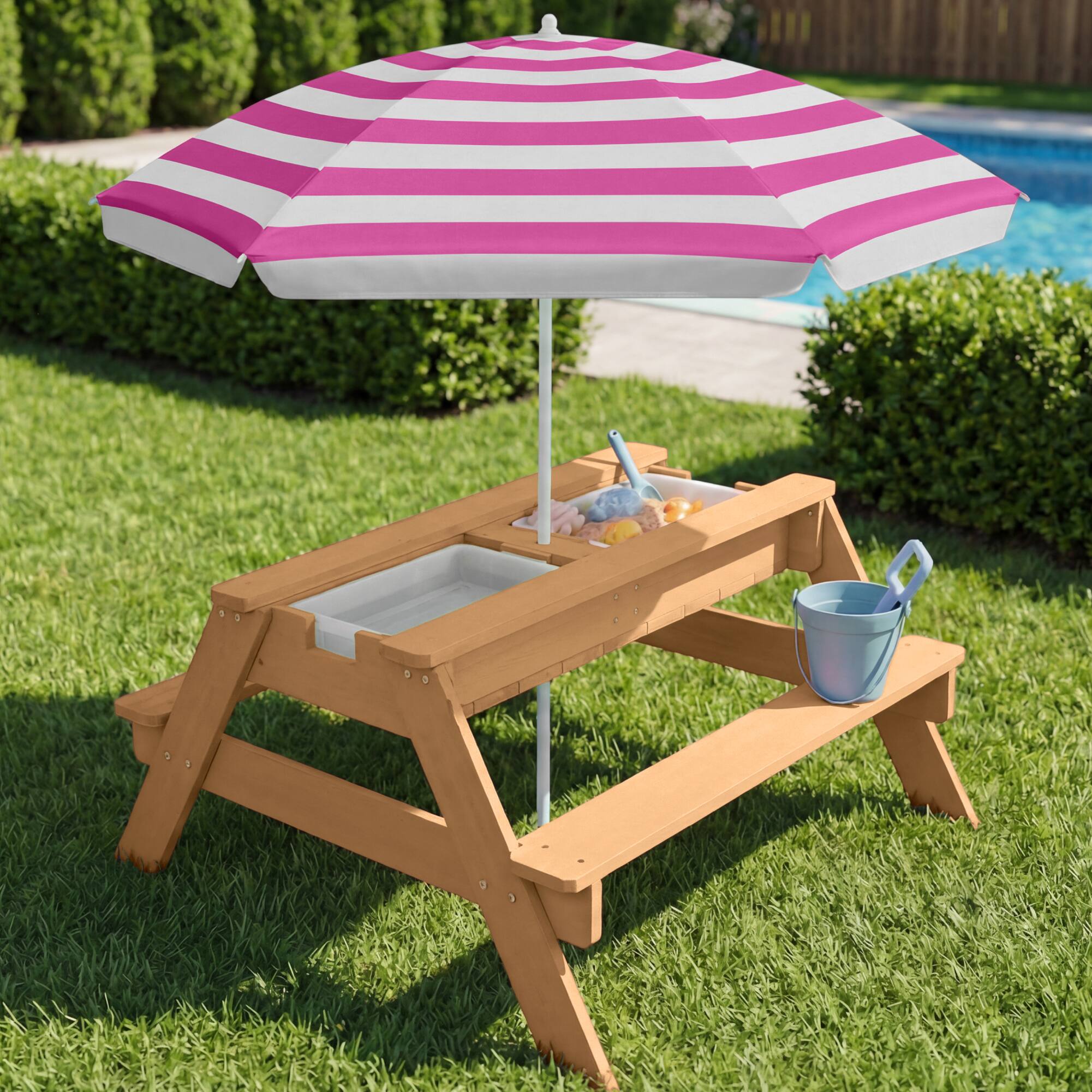 Alt View 2. Best Choice Products - Best Choice Products Kids 3-in-1 Outdoor Sand and Water Activity Picnic Table with Umbrella - Natural/Dark Pink - Natural/Dark Pink.