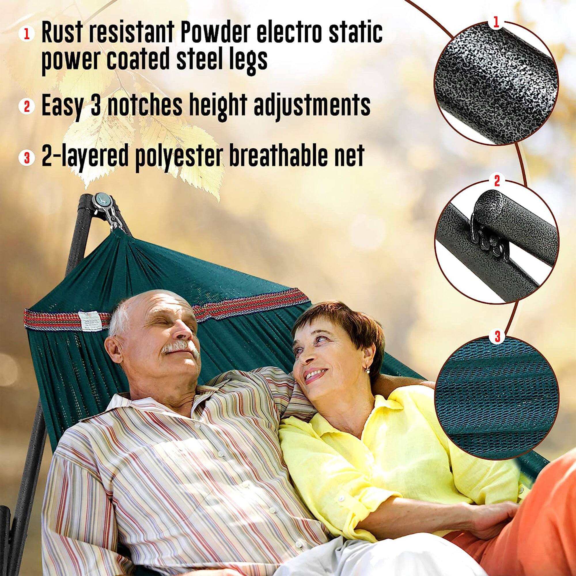 1. Rust resistant Powder electro static power coated steel legs  
2. Easy 3 notches height adjustments  
3. 2-layered polyester breathable net