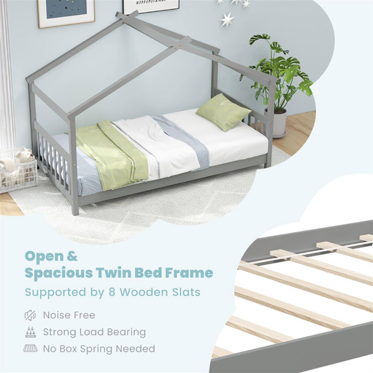 Open & Spacious Twin Bed Frame  
Supported by 8 Wooden Slats  
Noise Free  
Strong Load Bearing  
No Box Spring Needed