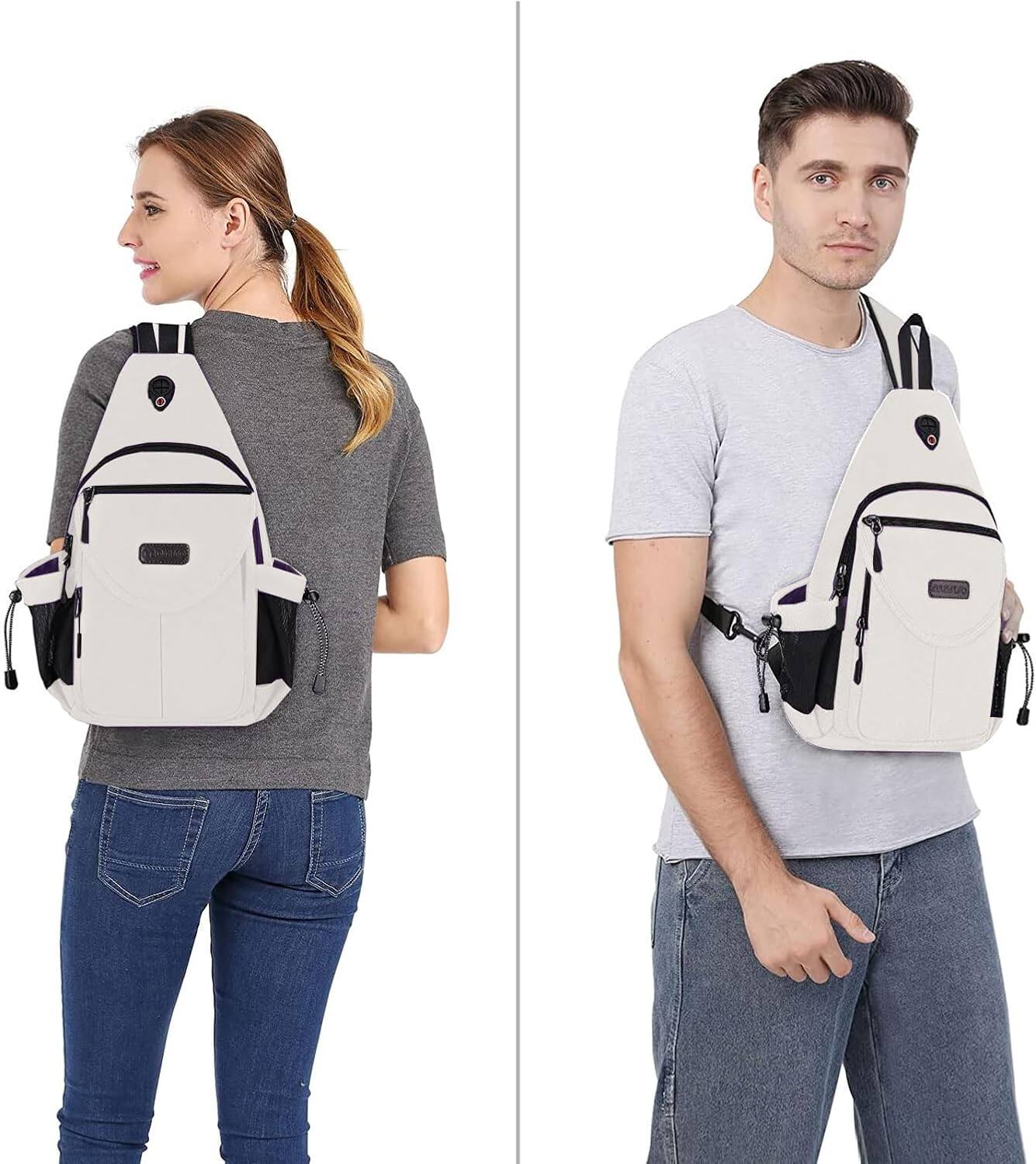 Alt View 3. mosiso - Sling Backpack Canvas Crossbody Hiking Daypack Bag with Anti-theft Pocket - Pearl White.