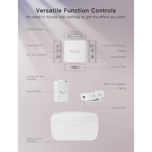 Versatile Function Controls  
No need to fumble with settings to get the effect you want  

- Display Screen  
- Power On/Off  
- Mic Vol. Control  
- 3.5mm Audio Output  
- Pairing Mode Switch  
- Type-C Port  
- Condenser Mic Capsule  
- Power/Mute  
- Noise Cancellation  
- Pairing  
- Type-C Port  
- Battery Level Indicator