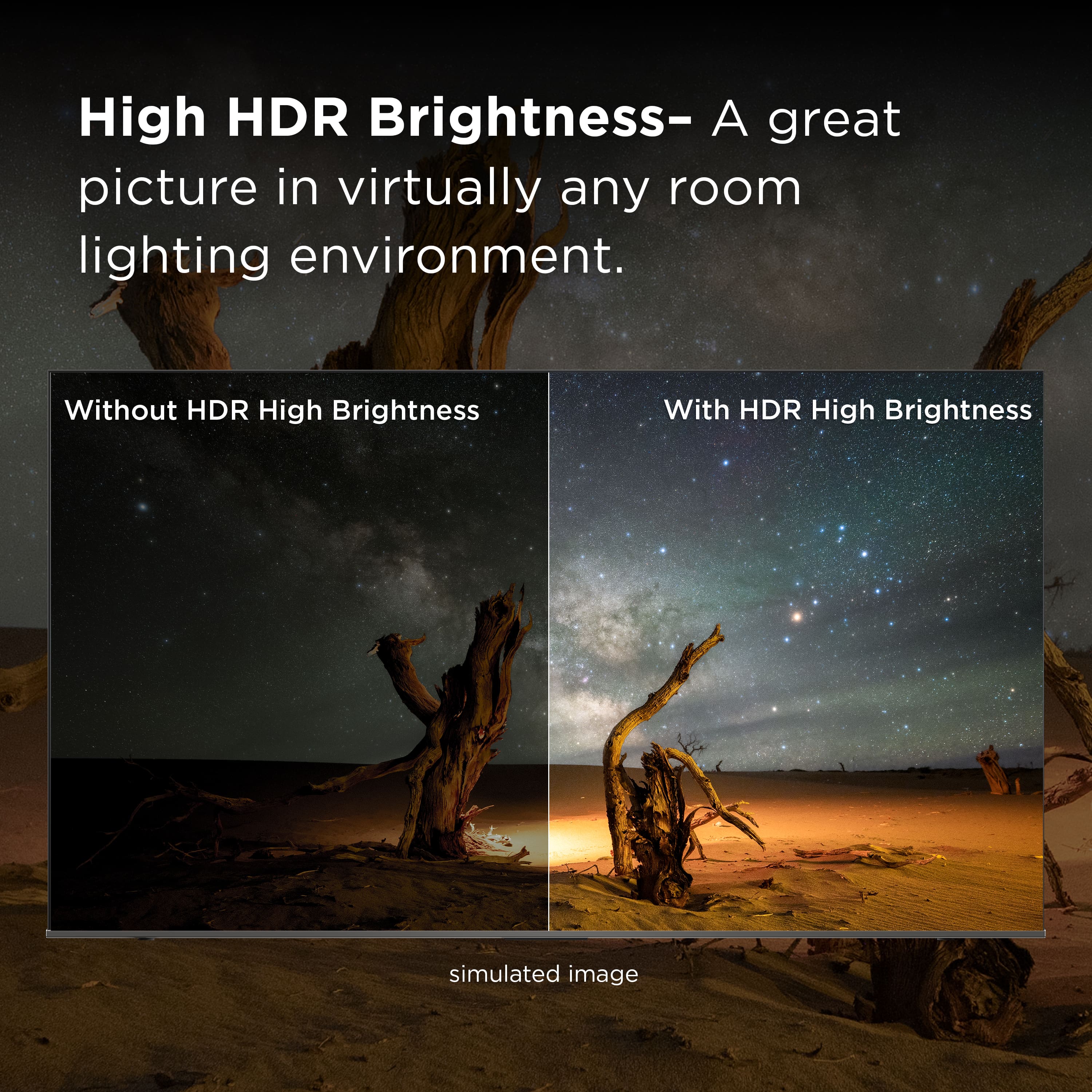 High HDR Brightness - A great picture in virtually any room lighting environment. Without HDR High Brightness With HDR High Brightness simulated image
