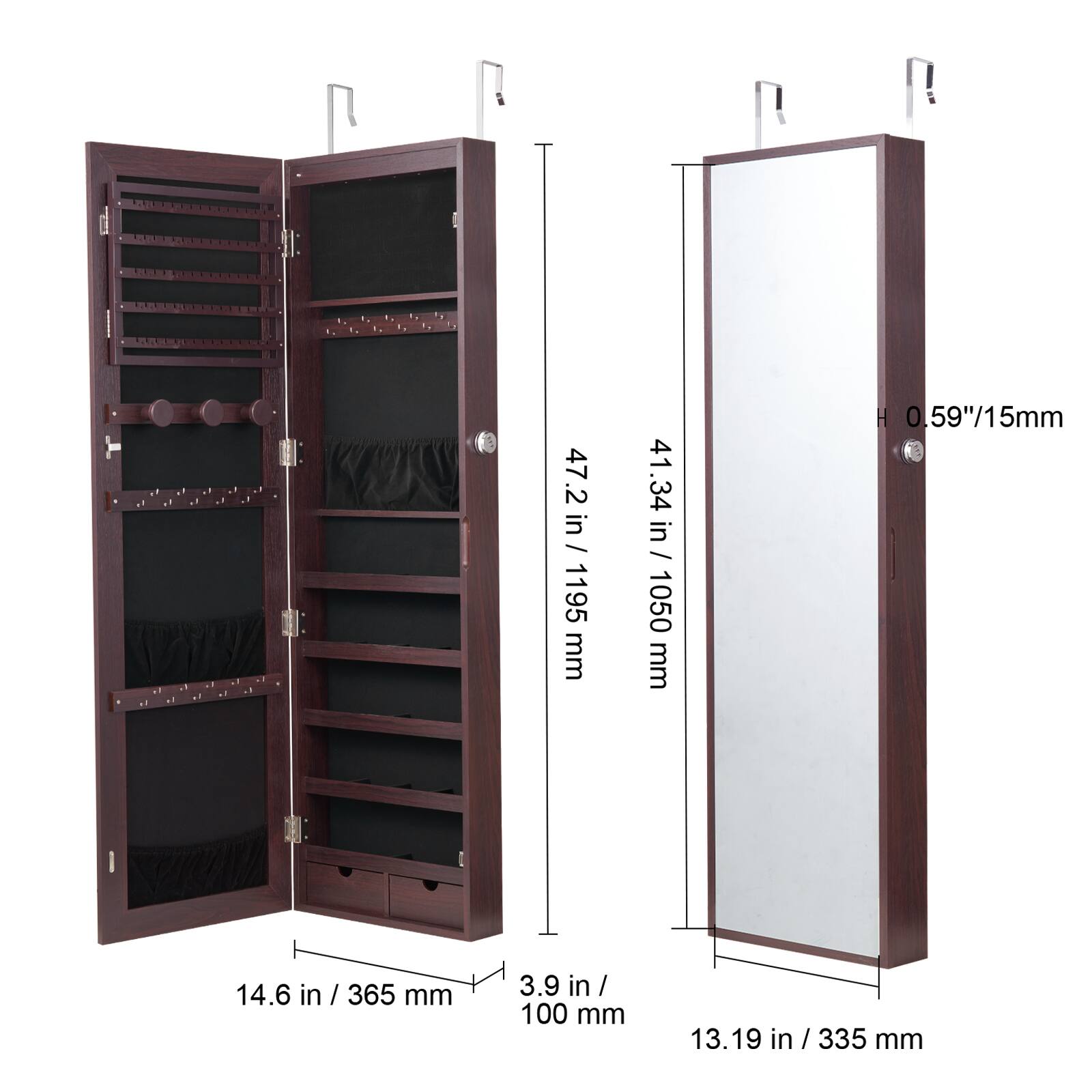 - Height: 47.2 in / 1195 mm
- Width: 41.34 in / 1050 mm
- Depth: 14.6 in / 365 mm
- Shelf Depth: 3.9 in / 100 mm
- Mirror Height: 41.34 in / 1050 mm
- Mirror Width: 13.19 in / 335 mm
- Thickness: 0.59 in / 15 mm