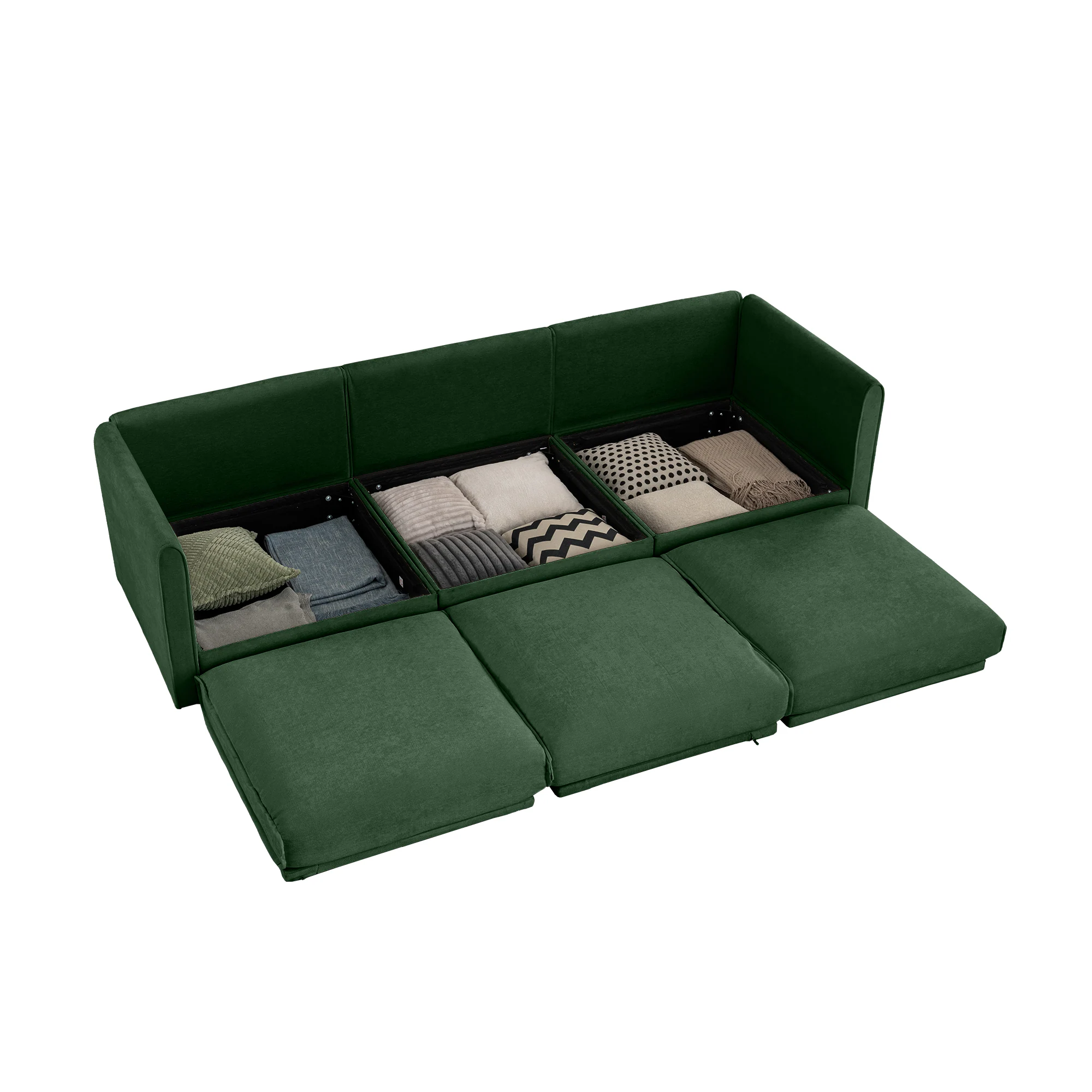 Left. Anysun - Chenille 3-Seater Sofa with Hidden Storage - Cylindrical Backrest & Armrests, Contemporary Design. - Green.