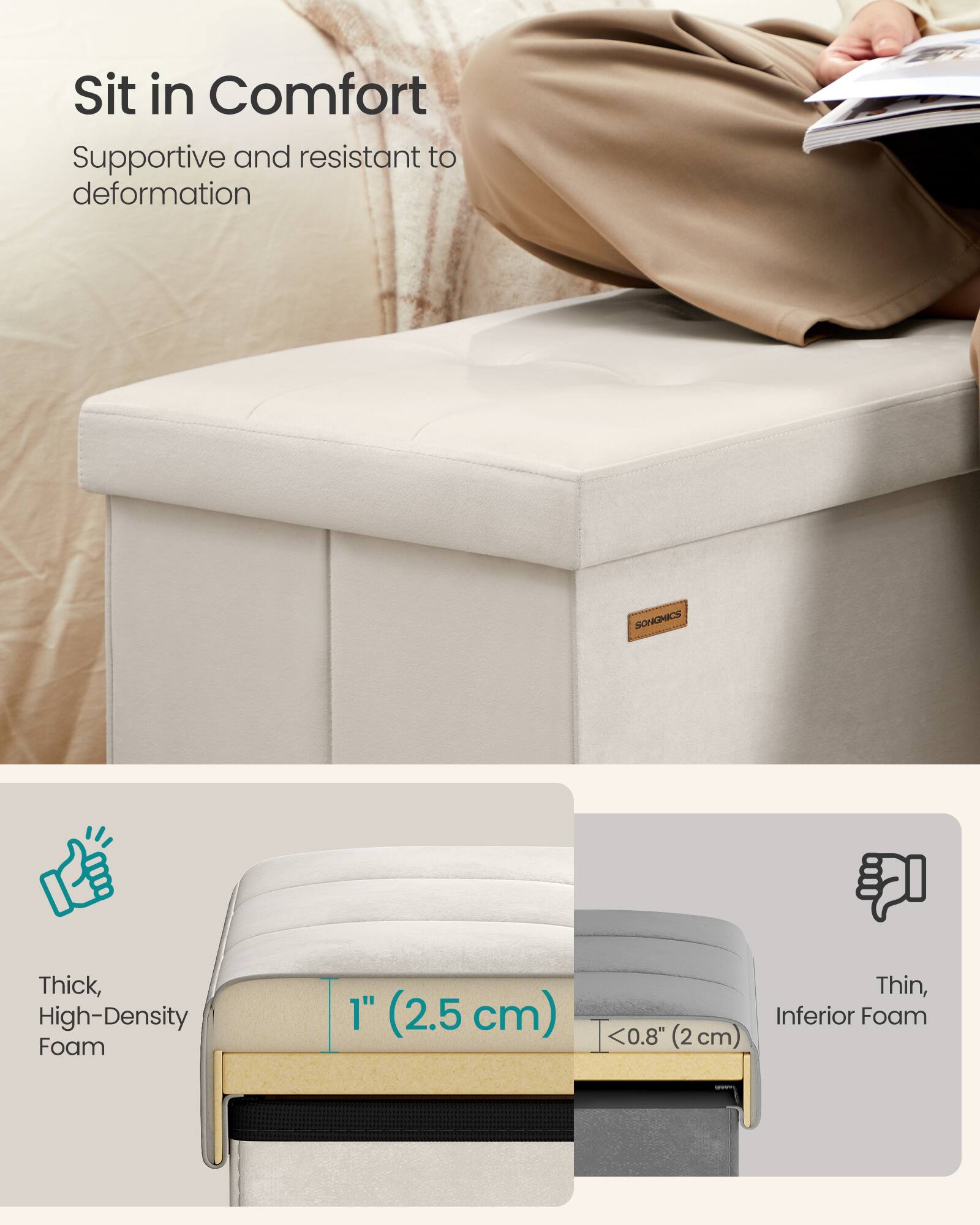Sit in Comfort  
Supportive and resistant to deformation  

SONGOMICS  

Thick, High-Density Foam  
1" (2.5 cm)  

Thin, Inferior Foam  
<0.8" (2 cm)