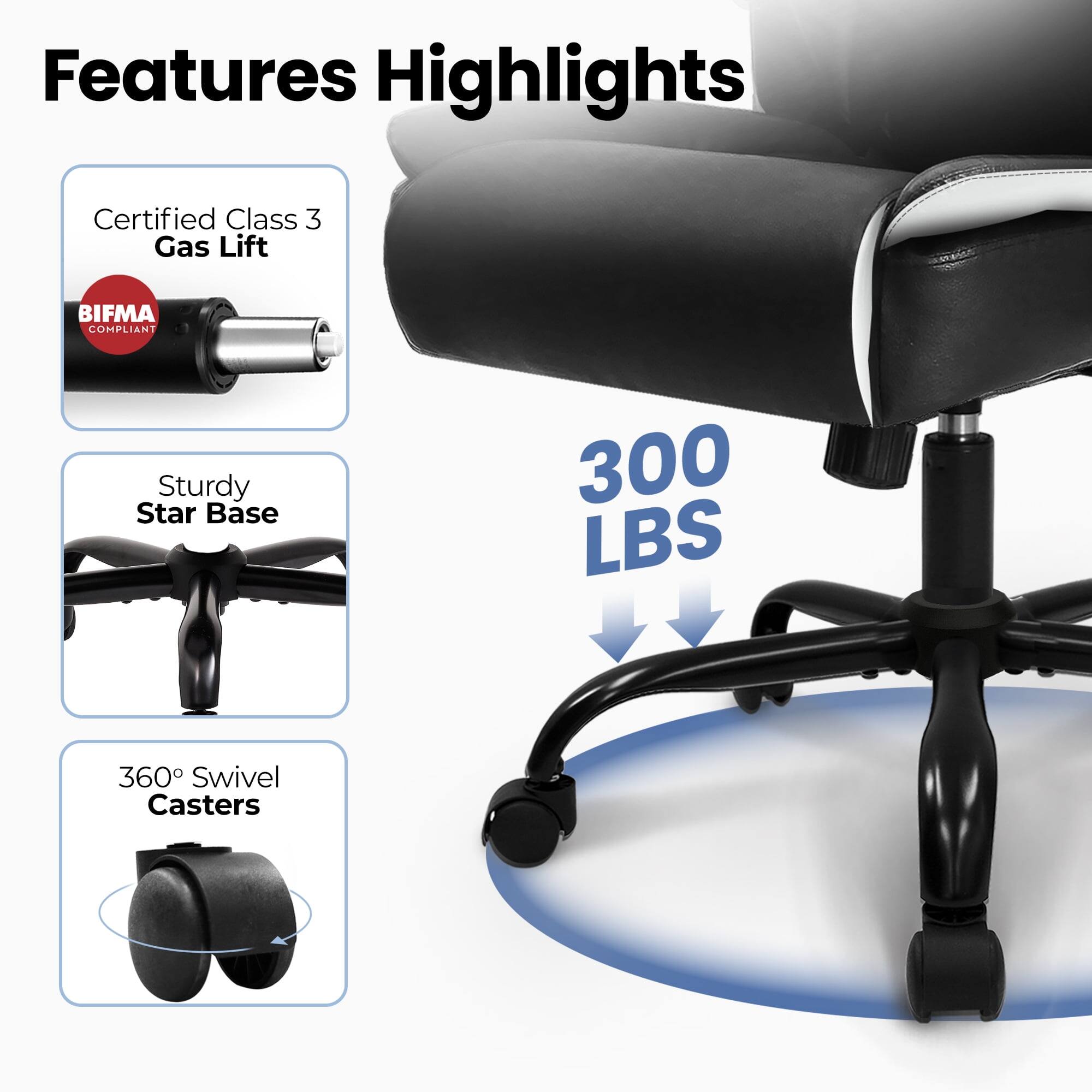 Features Highlights

- Certified Class 3 Gas Lift
- BIFMA COMPLIANT
- Sturdy Star Base
- 300 LBS
- 360° Swivel Casters