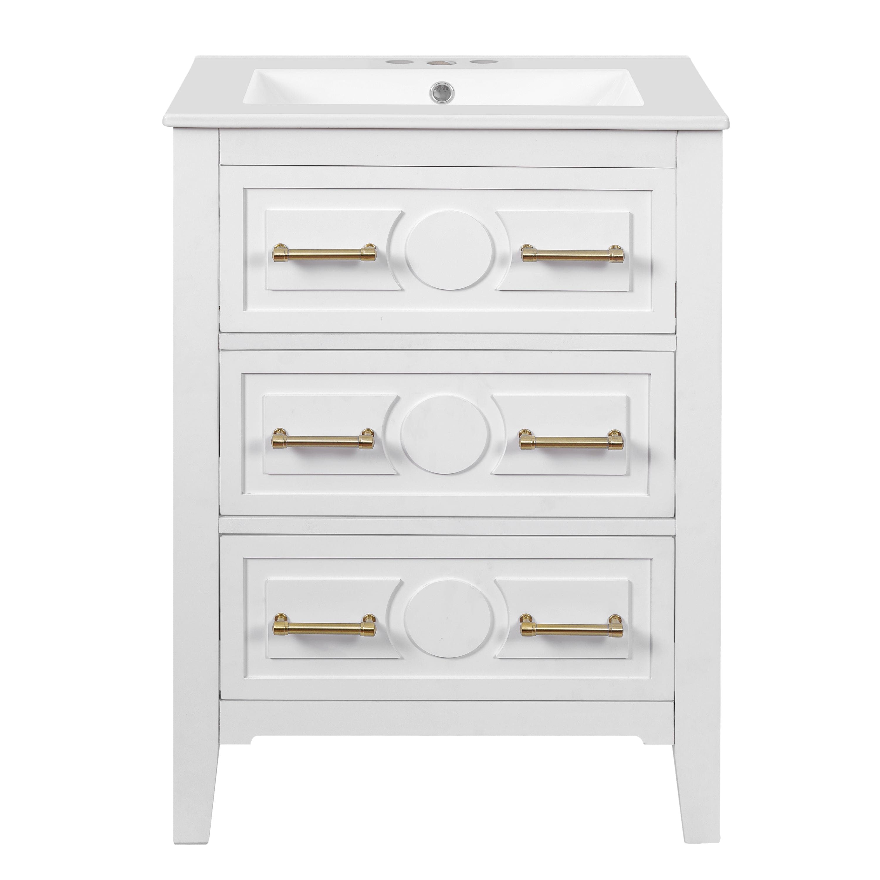 Boyel Living - 24 Inch Retro Bathroom Vanity with Ceramic Sink and Three Drawers - White