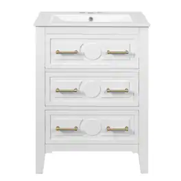 Boyel Living - 24 Inch Retro Bathroom Vanity with Ceramic Sink and Three Drawers - White
