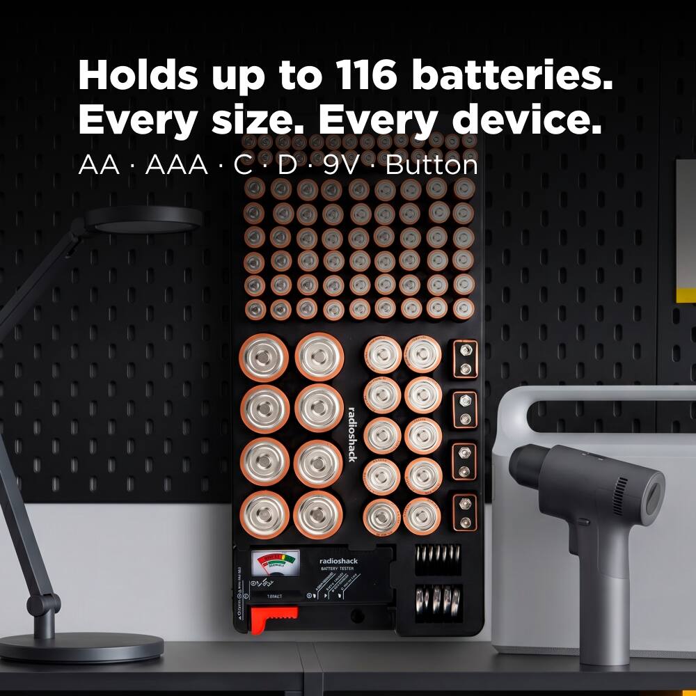 Holds up to 116 batteries.  
Every size. Every device.  
AA • AAA • C • D • 9V • Button  

radioshack  
BACTS   SAVID 0 DIACT 19/19/1  
radioshack BATERY TESTER MARKET 10