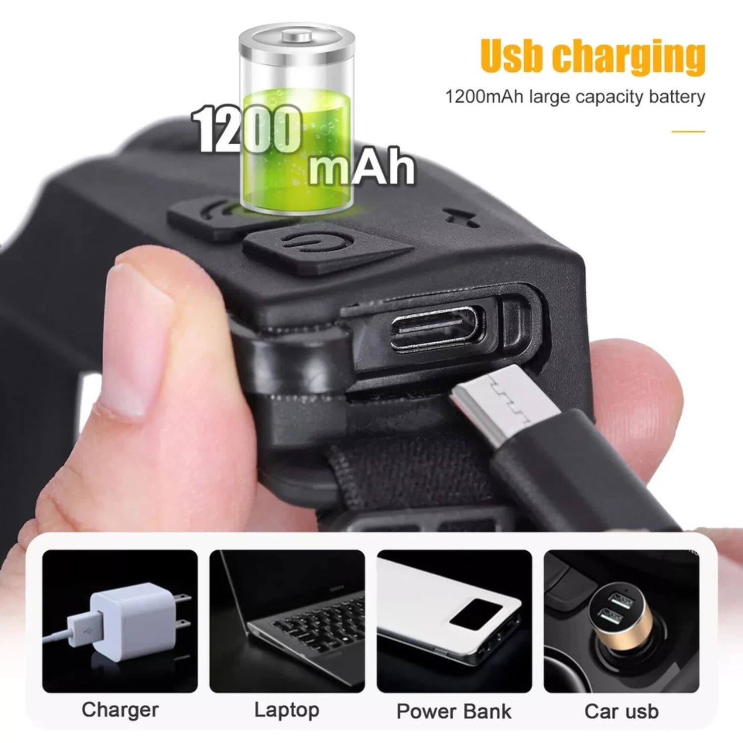 USB charging  
1200mAh large capacity battery  

1200 mAh  

Charger  
Laptop  
Power Bank  
Car USB