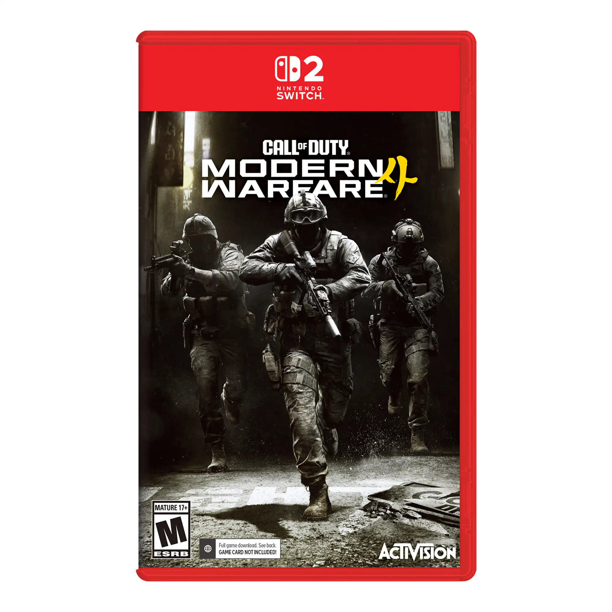 02 NINTENDO SWITCH  
CALL OF DUTY MODERN WARFARE  
MATURE 17+ M ESRB  
Full game download. See back GAME CARD NOT INCLUDED!  
ACTIVISION