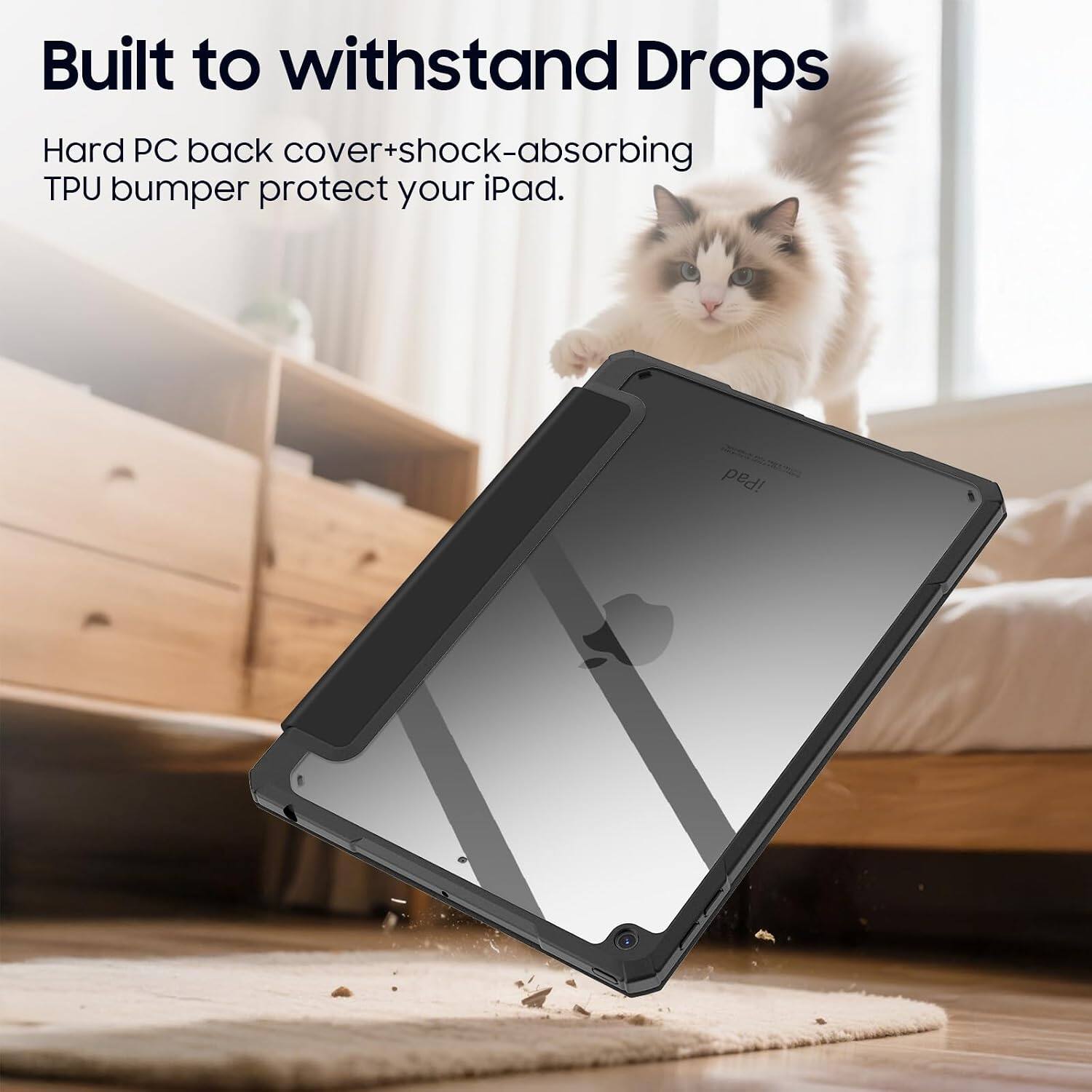 Built to withstand Drops

Hard PC back cover+shock-absorbing TPU bumper protect your iPad.