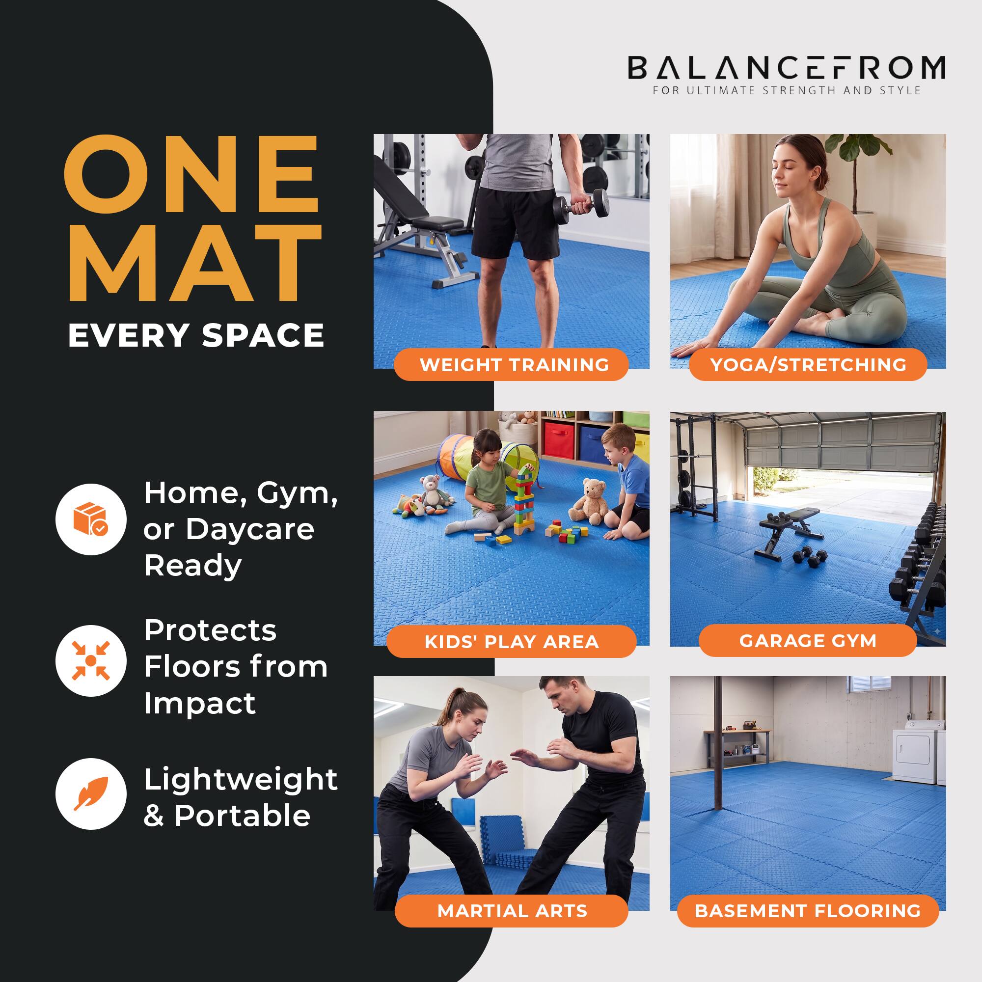 BALANCEFROM FOR ULTIMATE STRENGTH AND STYLE

ONE MAT EVERY SPACE

- WEIGHT TRAINING
- YOGA/STRETCHING
- KIDS' PLAY AREA
- GARAGE GYM
- MARTIAL ARTS
- BASEMENT FLOORING

Home, Gym, or Daycare Ready
Protects Floors from Impact
Lightweight & Portable