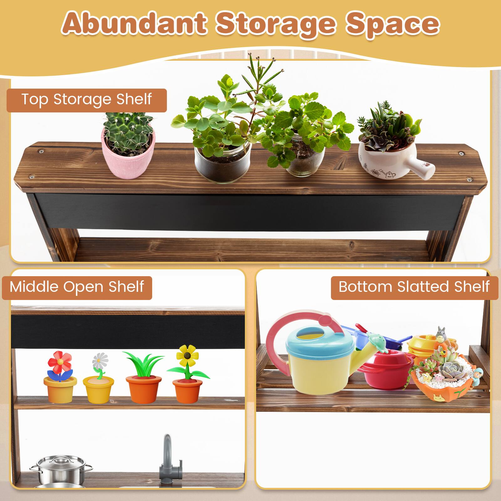 Abundant Storage Space
Top Storage Shelf
Middle Open Shelf
Bottom Slatted Shelf