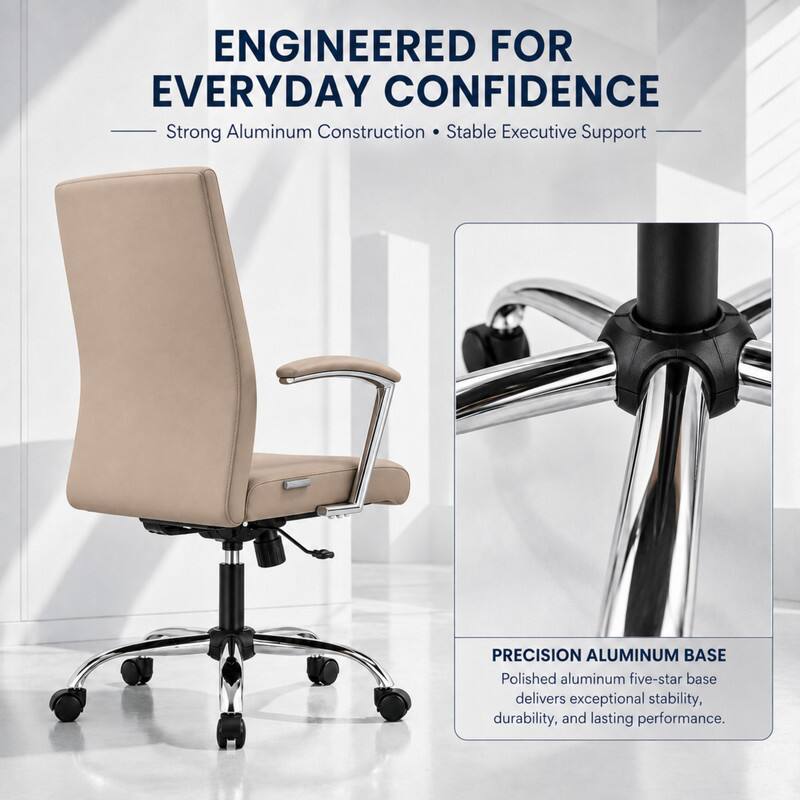 ENGINEERED FOR EVERYDAY CONFIDENCE  
Strong Aluminum Construction • Stable Executive Support  

PRECISION ALUMINUM BASE  
Polished aluminum five-star base delivers exceptional stability, durability, and lasting performance.