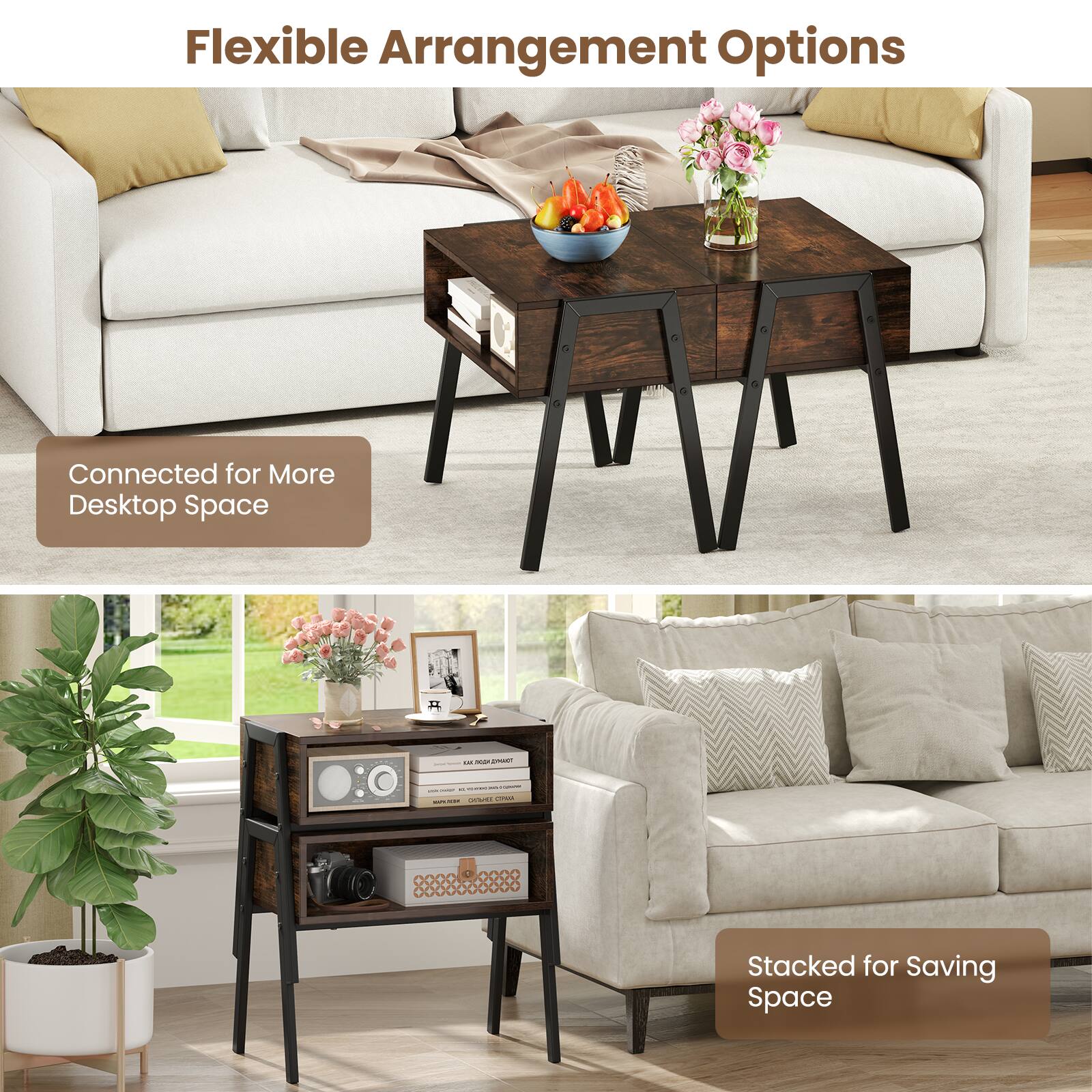 Flexible Arrangement Options Connected for More Desktop Space Stacked for Saving Space