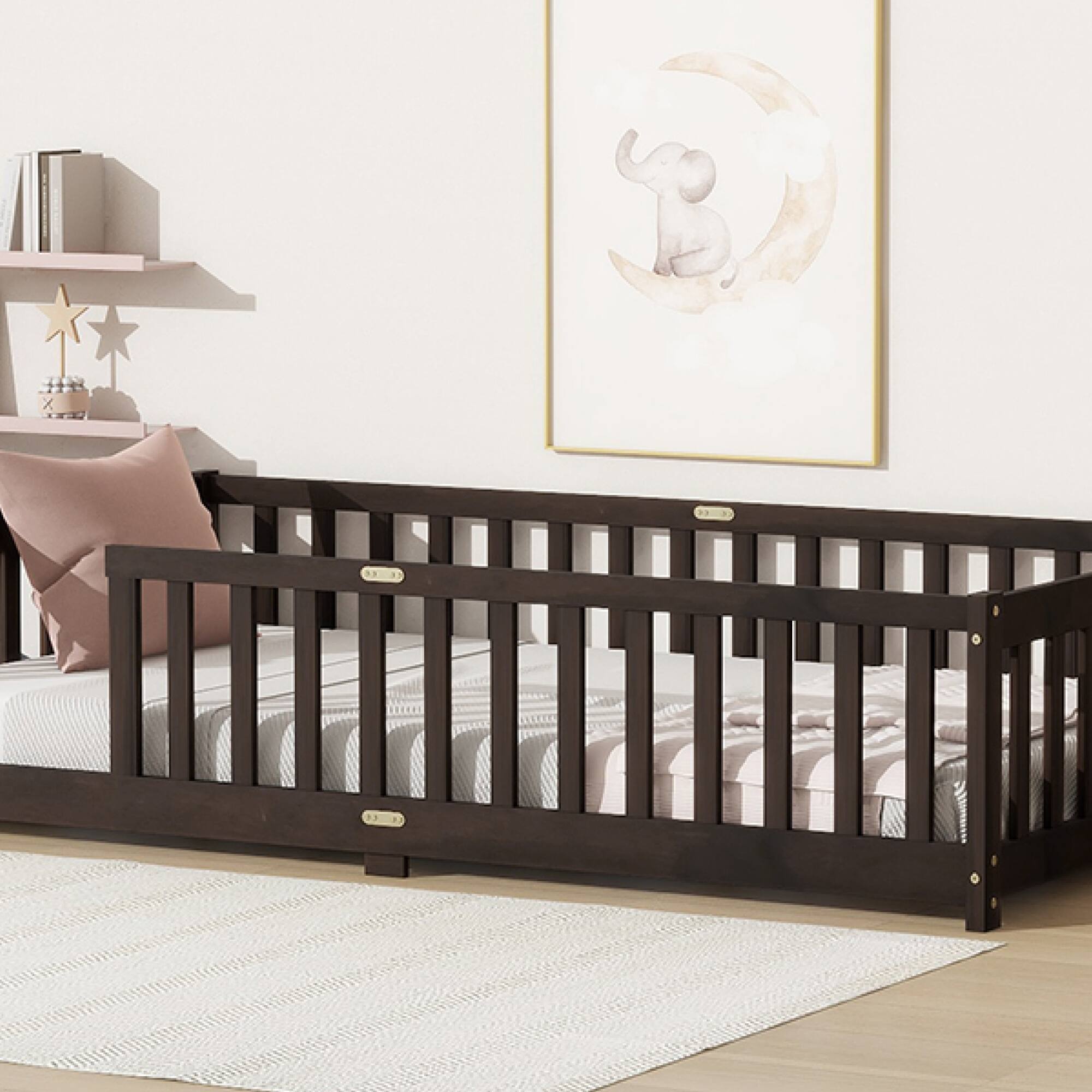 Alt View 2. GOODSILO - Twin Size Floor Bed with Safety Fence for Kids, Sturdy Rubber Wood Construction, Easy Assembly - Espresso.