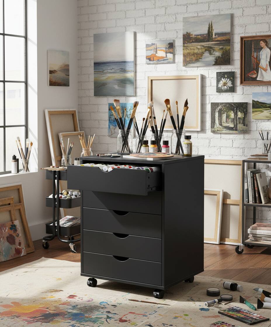 Alt View 6. AOITUN - Dark Black Wood 5-Drawer Chest - Rolling Dresser with Drawers for Bedroom & Office - Black.