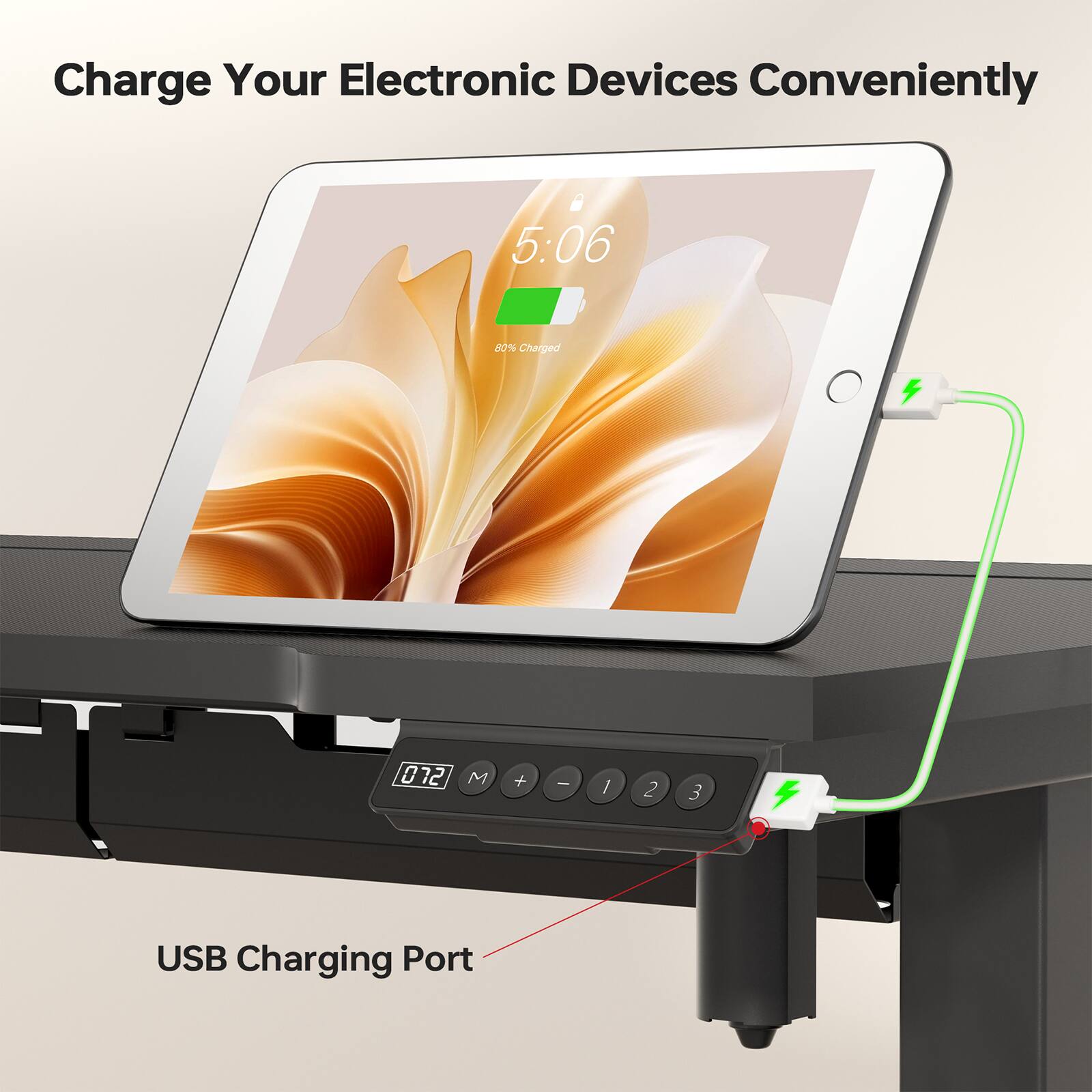 Charge Your Electronic Devices Conveniently, 5:06, 80% Charged, 012, 0 M + - / 2 3, USB Charging Port