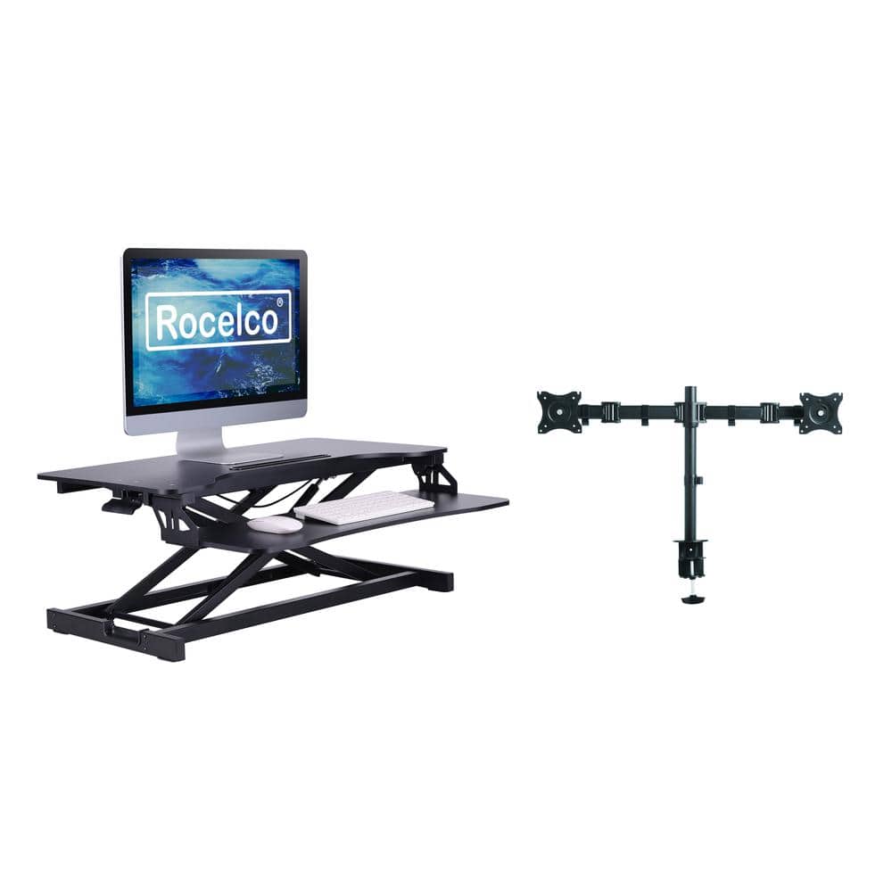 Rocelco - Standing Desk Converter with Dual Monitor Mount - 31.5 Inch Sit Stand Up Tabletop Riser with Tablet Holder - Black