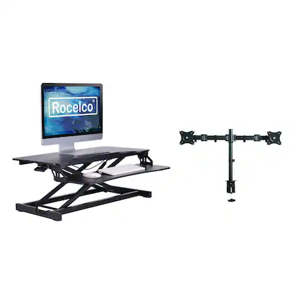 Front. Rocelco - Standing Desk Converter with Dual Monitor Mount - 31.5 Inch Sit Stand Up Tabletop Riser with Tablet Holder, Black - Black.