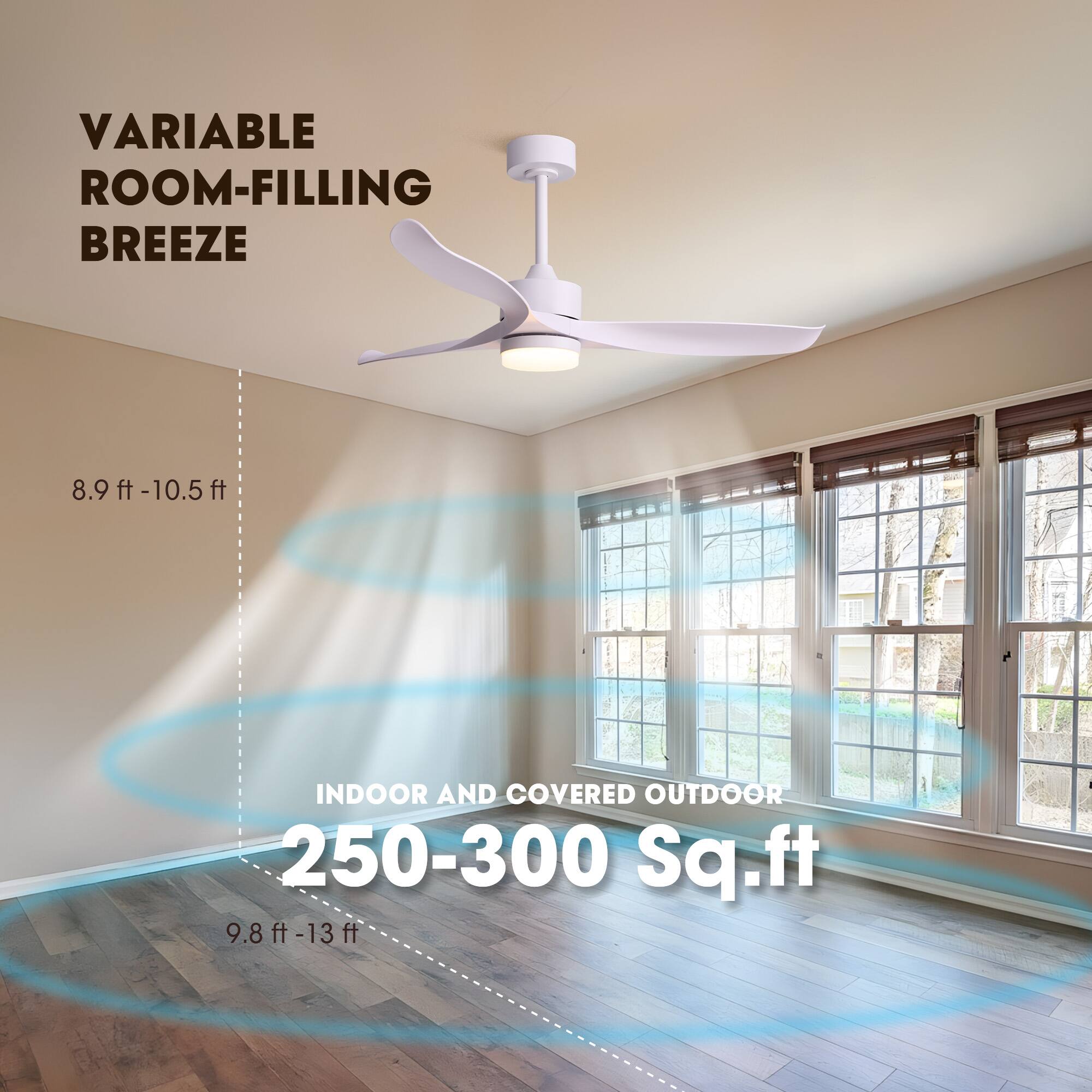 VARIABLE ROOM-FILLING BREEZE

8.9 ft - 10.5 ft

INDOOR AND COVERED OUTDOOR 250-300 Sq. ft

9.8 ft - 13 ft