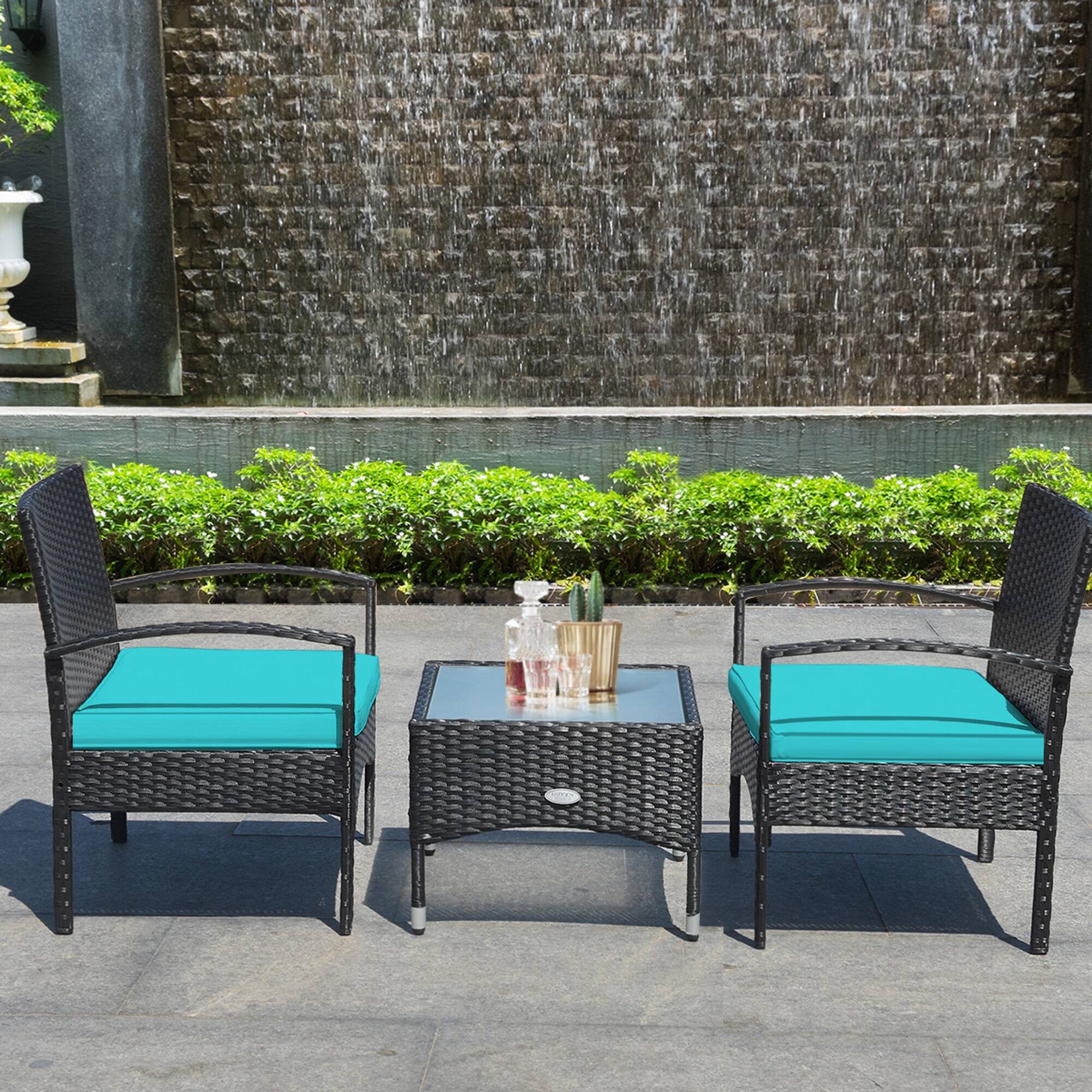 Alt View 9. Gymax - Gymax 3 PCS Patio Wicker Rattan Furniture Set Coffee Table & 2 Rattan Chair w/ Cushion Turquoise - Turquoise.