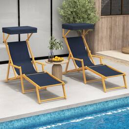 Mondawe - Birch Wood Chaise Lounge Chair w/ Adjustable Canopy & 4-Position Backrest Foldable Beach - Navy+Natural