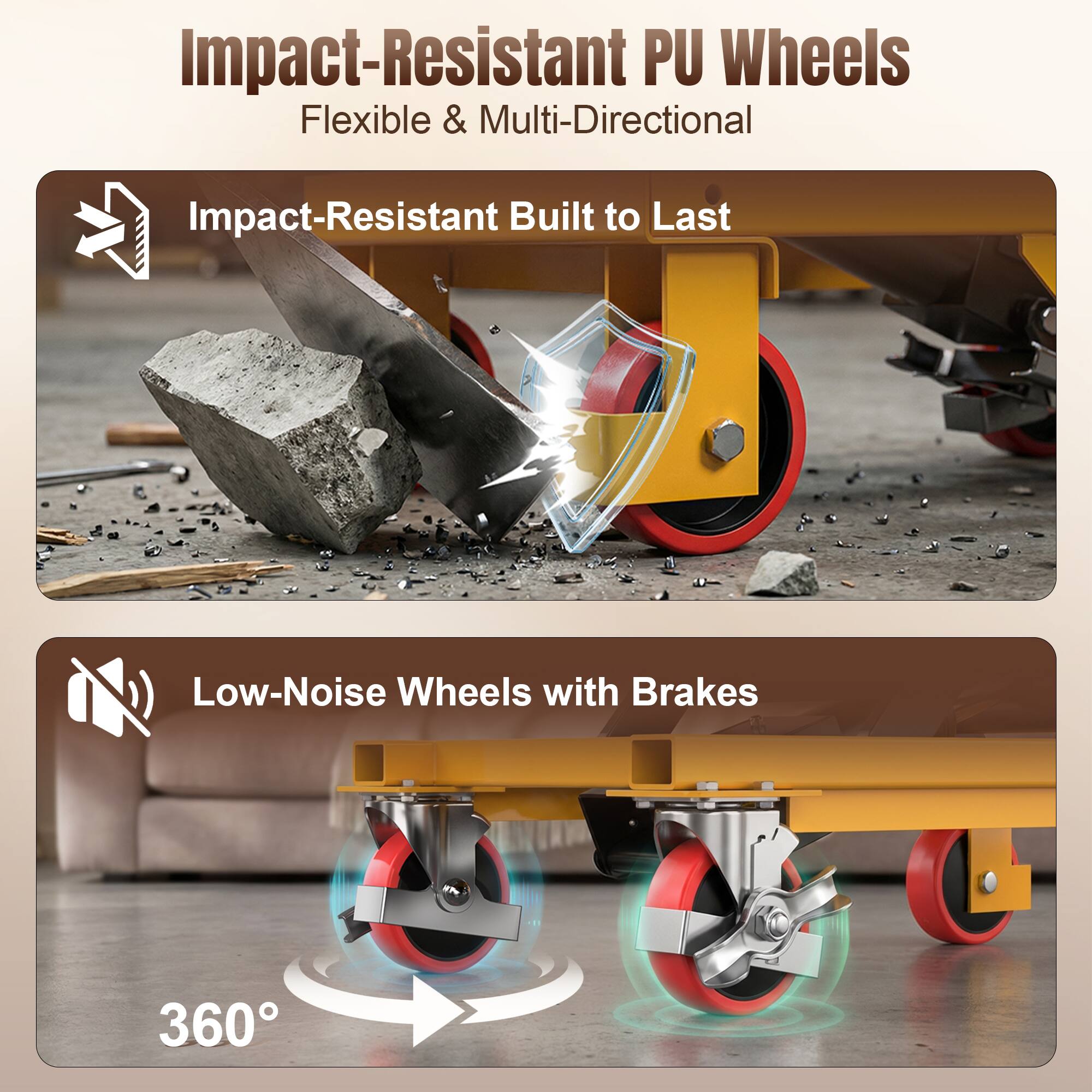 Impact-Resistant PU Wheels  
Flexible & Multi-Directional  

Impact-Resistant Built to Last  

Low-Noise Wheels with Brakes  

360°