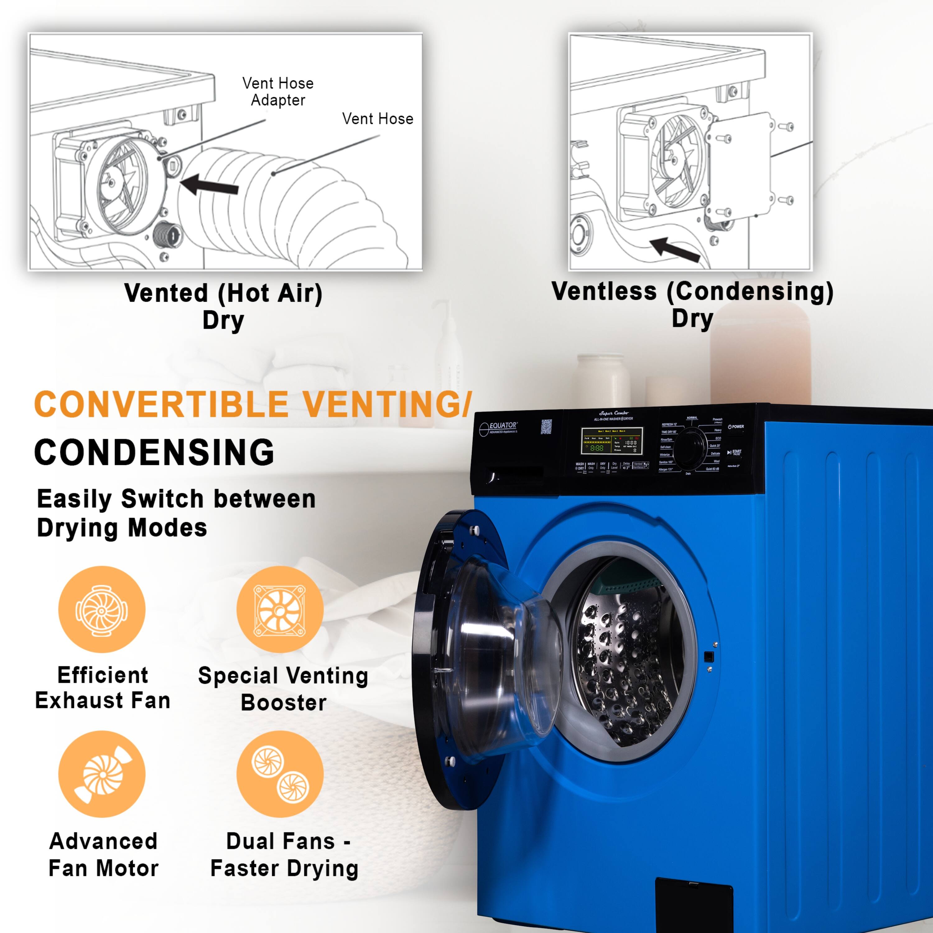 Vent Hose Adapter Vent Hose 1 Vented (Hot Air) Dry Ventless (Condensing) Dry CONVERTIBLE VENTING/ CONDENSING Easily Switch between Drying Modes - - . - ee - - - I : - - - + .. I M.. - I I I : I - - . Efficient Special Venting Exhaust Fan Booster Advanced Fan Motor Dual Fans - Faster Drying
