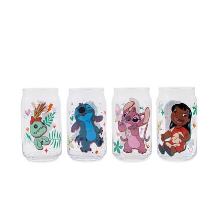 Front. Silver Buffalo - Disney Lilo & Stitch Characters 4-Piece Glass Can Set | Each Holds 16 Ounces - Multi-Colored.
