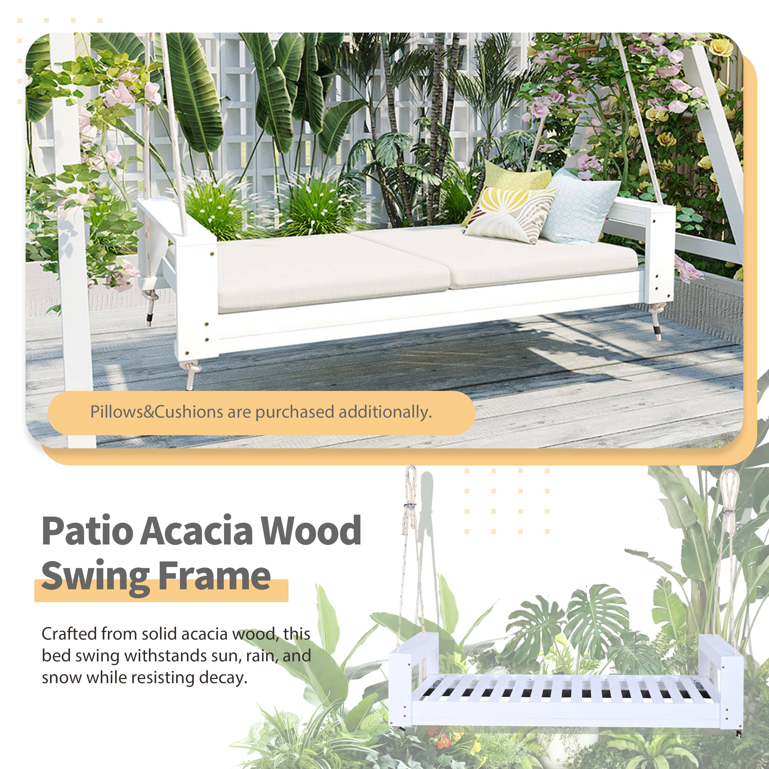 Pillows & Cushions are purchased additionally.

Patio Acacia Wood Swing Frame

Crafted from solid acacia wood, this bed swing withstands sun, rain, and snow while resisting decay.