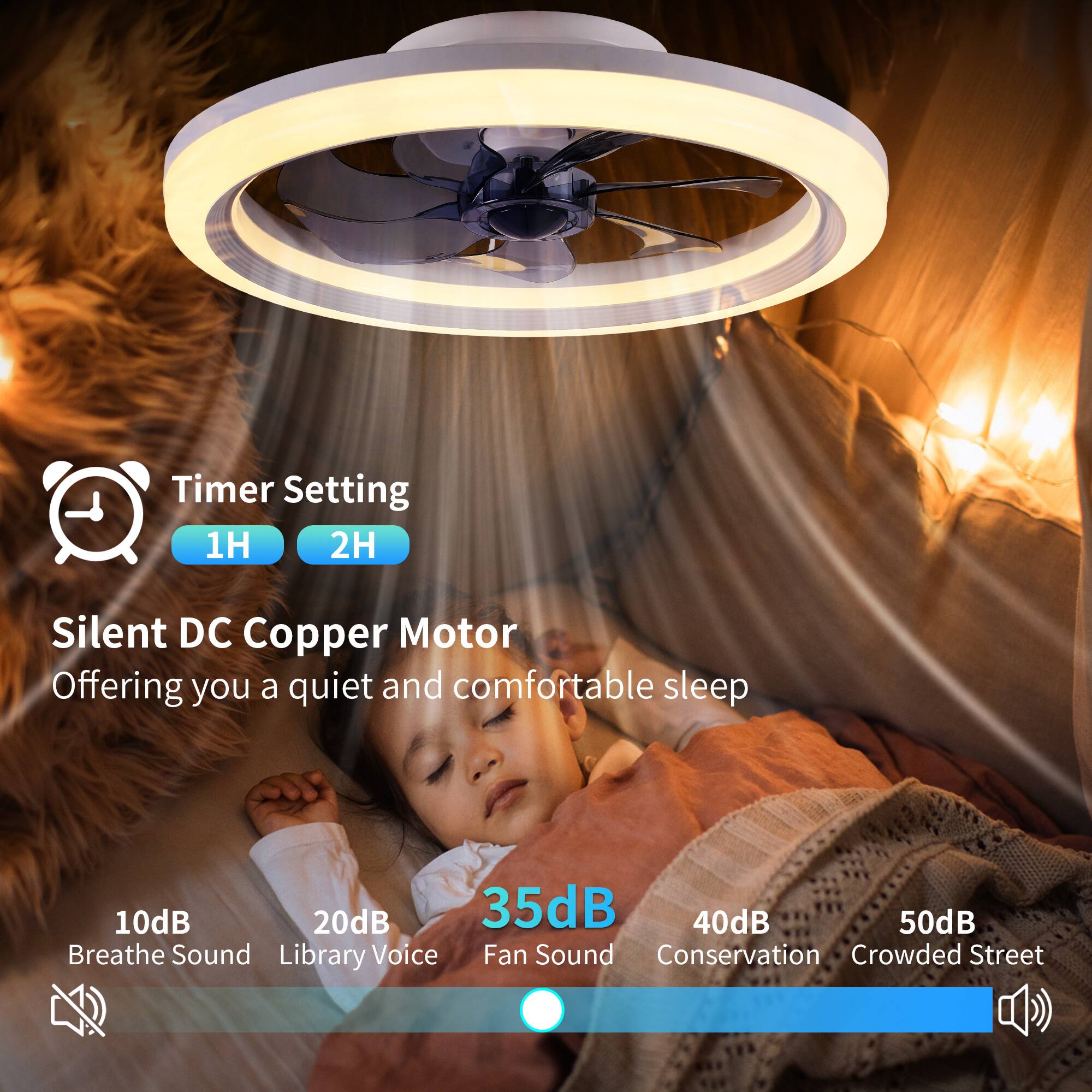 Timer Setting  
1H 2H  

Silent DC Copper Motor  
Offering you a quiet and comfortable sleep  

10dB  
20dB  
35dB  
40dB  
50dB  

Breathe Sound  
Library Voice  
Fan Sound  
Conservation  
Crowded Street